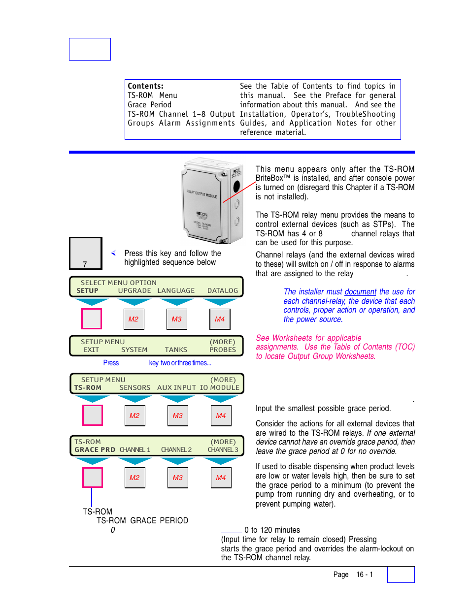 16 ts-rom relay output module setup programming 16, Ts-rom menu 16, Grace period 16 | 16 ts-rom relay output module setup programming, Ts-rom menu | Franklin Fueling Systems Tank Sentinel (TS-1001, 2001, 504, 508 & 750) Setup Programming Guide User Manual | Page 92 / 184