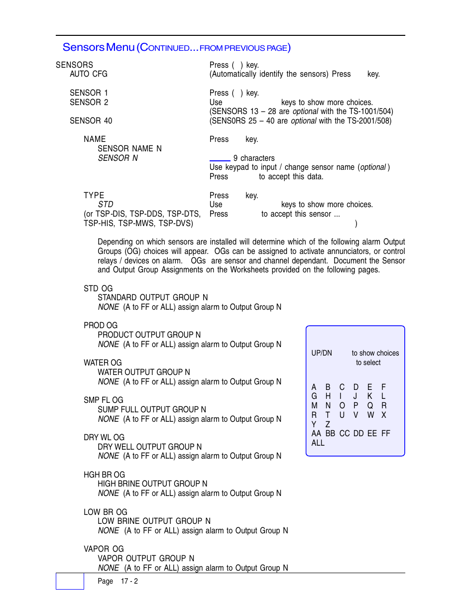 Sensors menu (c | Franklin Fueling Systems Tank Sentinel (TS-1001, 2001, 504, 508 & 750) Setup Programming Guide User Manual | Page 97 / 184