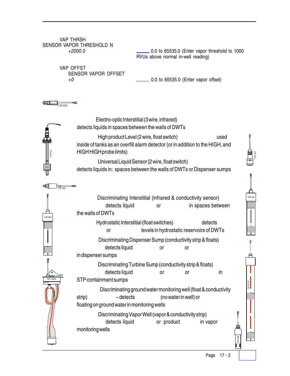 Leak detection sensors 17, Britesensors & alarms (all 3 wire - below) 17, Special vapor sensor menu ( continued... ) | Franklin Fueling Systems Tank Sentinel (TS-1001, 2001, 504, 508 & 750) Setup Programming Guide User Manual | Page 98 / 184