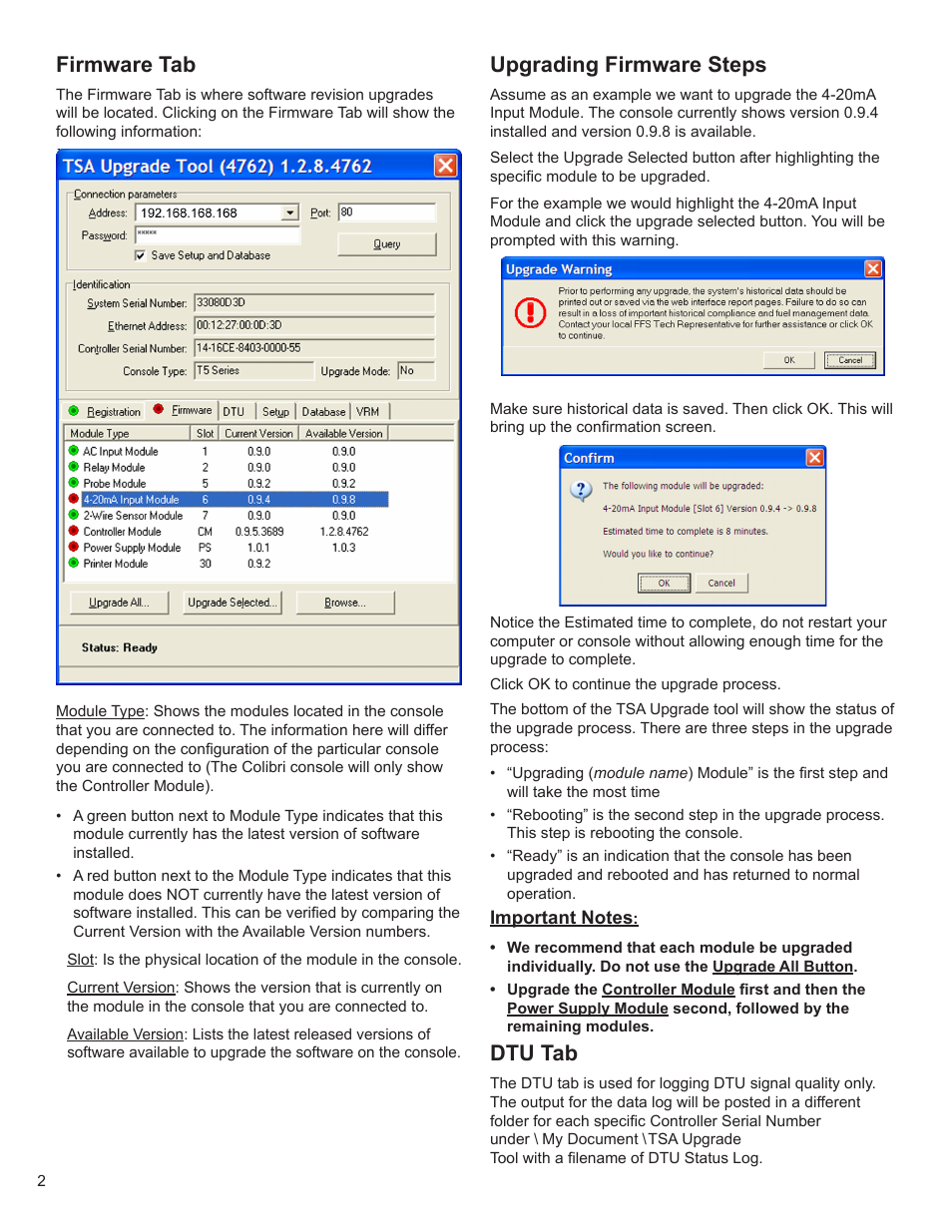 Firmware tab, Upgrading firmware steps, Dtu tab | Franklin Fueling Systems TSA Upgrade User Manual | Page 2 / 8