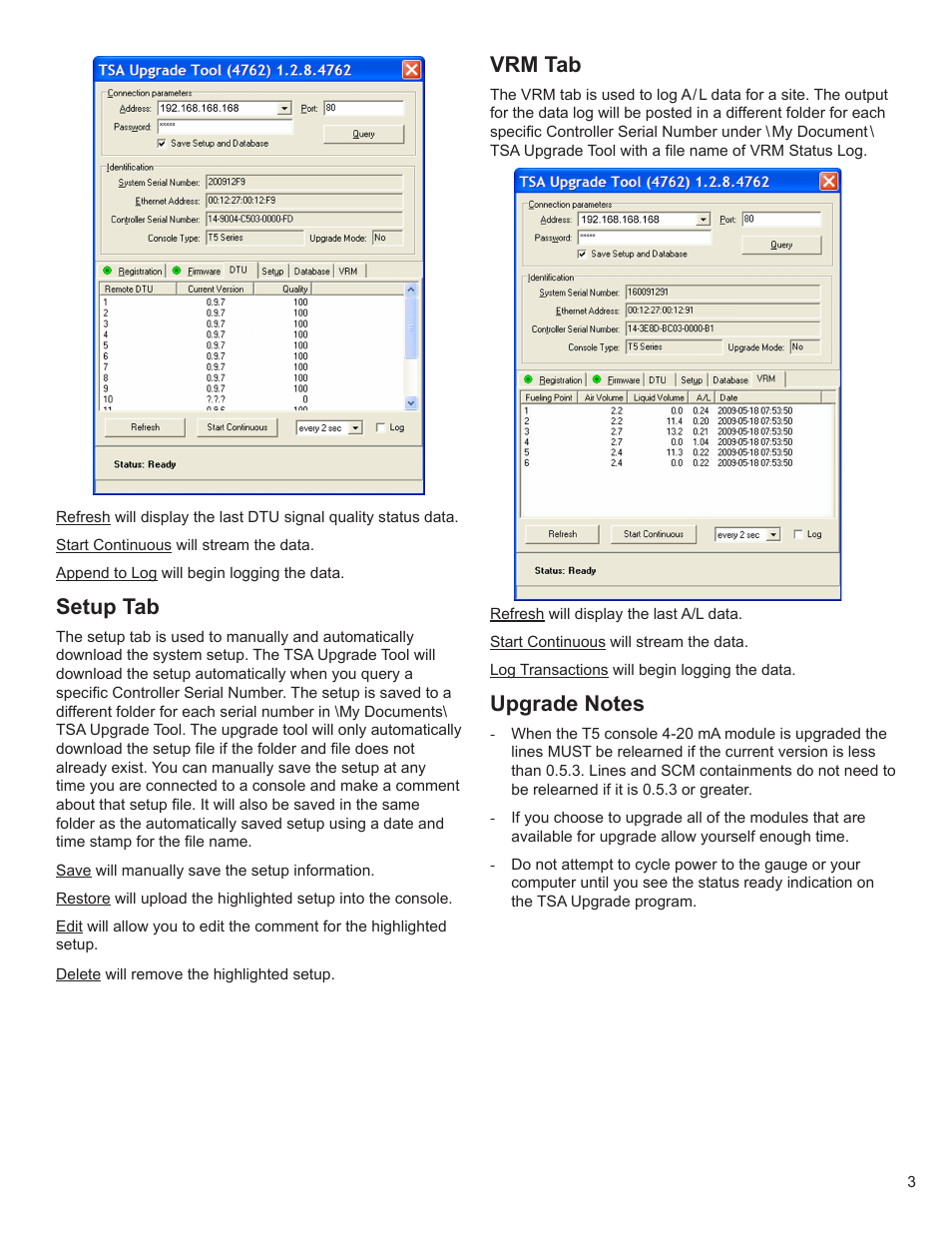 Setup tab, Vrm tab | Franklin Fueling Systems TSA Upgrade User Manual | Page 3 / 8