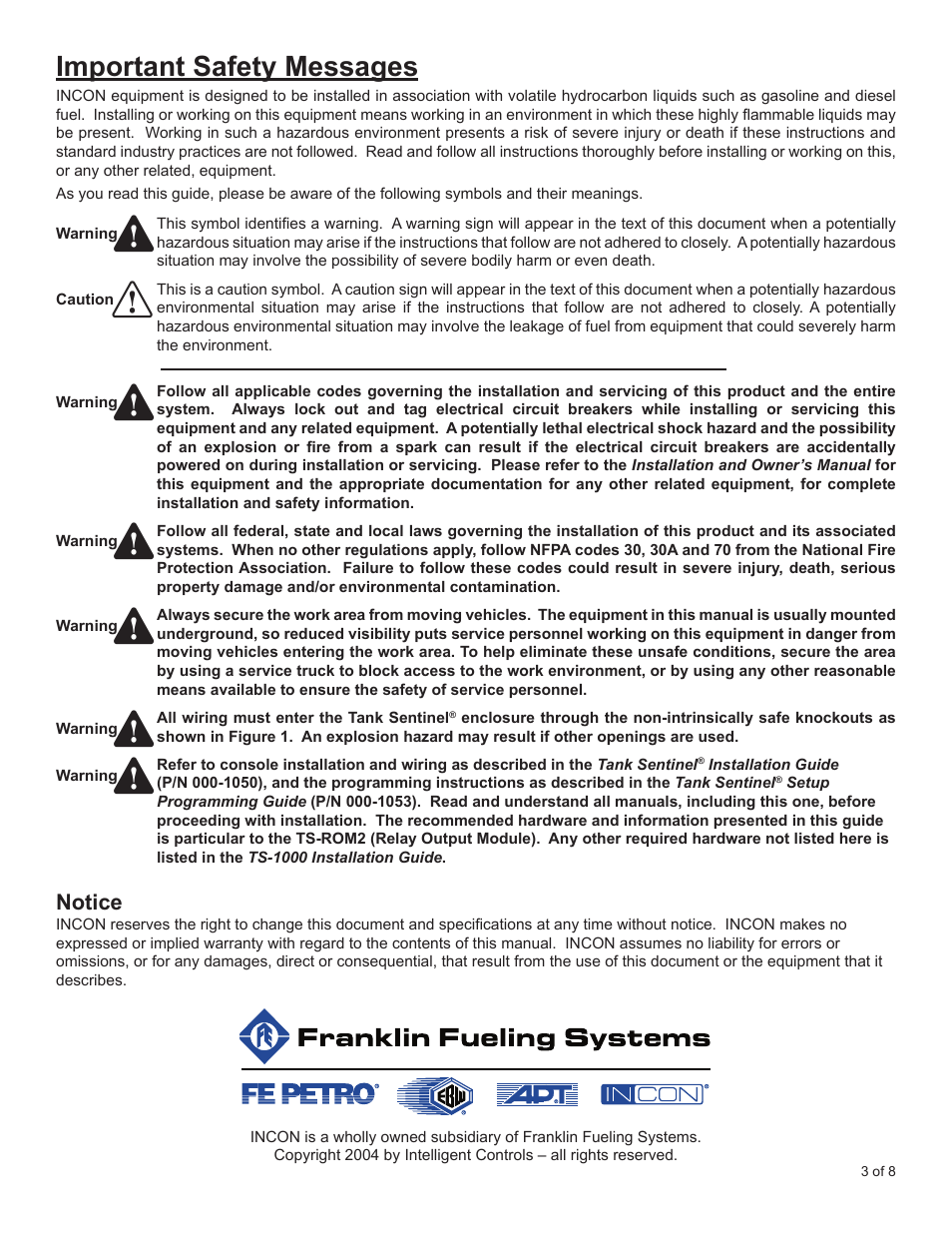 Important safety messages, Notice | Franklin Fueling Systems TS-ROM2 User Manual | Page 3 / 8