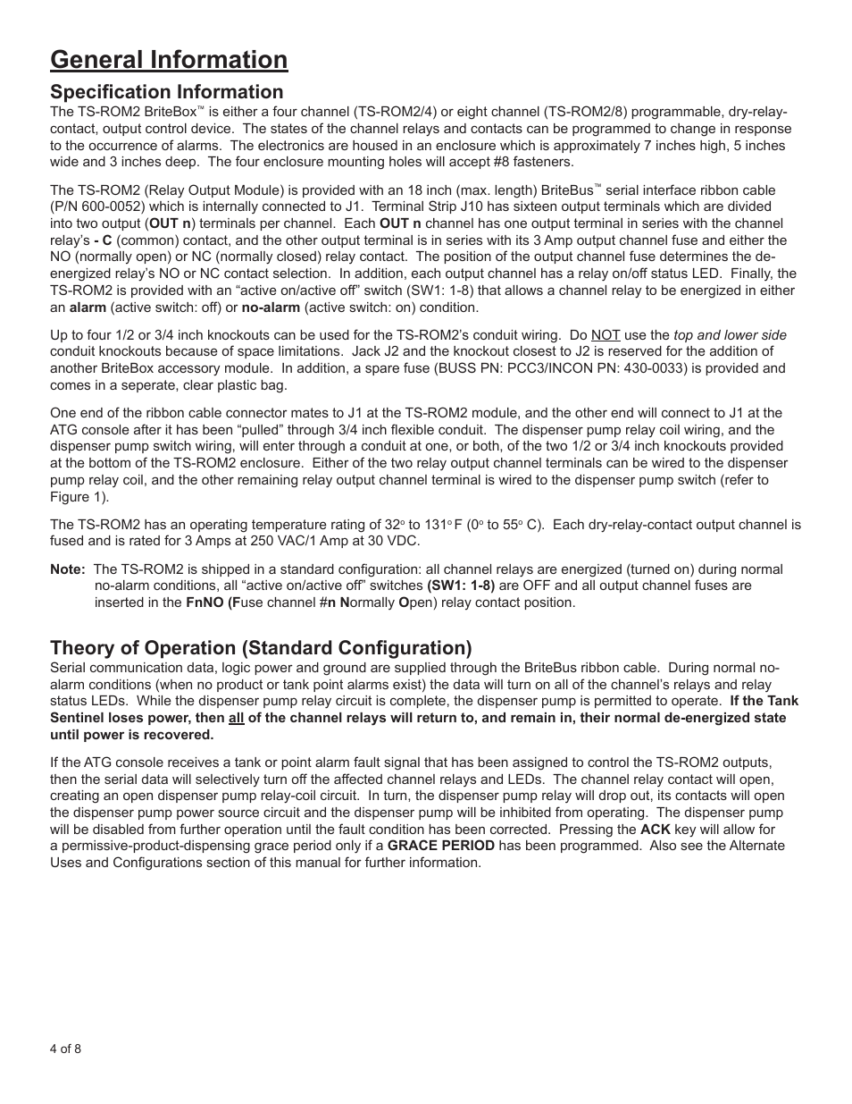 General information, Specification information, Theory of operation (standard configuration) | Franklin Fueling Systems TS-ROM2 User Manual | Page 4 / 8