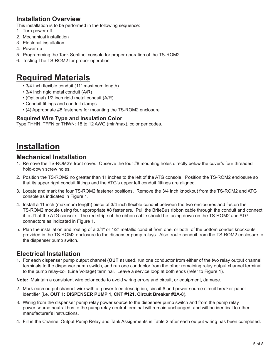 Required materials, Installation, Installation overview | Mechanical installation, Electrical installation | Franklin Fueling Systems TS-ROM2 User Manual | Page 5 / 8