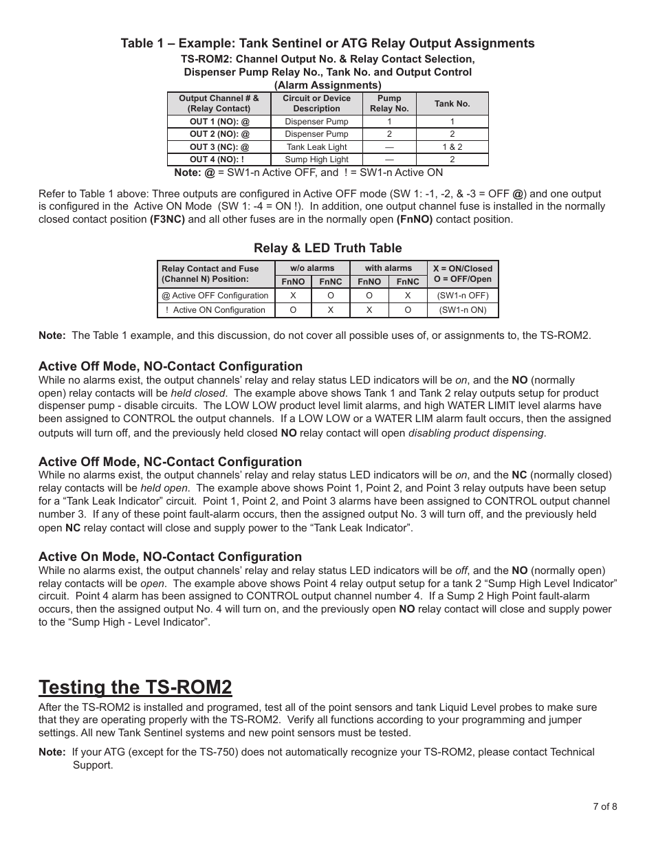 Testing the ts-rom2, Relay & led truth table, Active off mode, no-contact configuration | Active off mode, nc-contact configuration, Active on mode, no-contact configuration | Franklin Fueling Systems TS-ROM2 User Manual | Page 7 / 8
