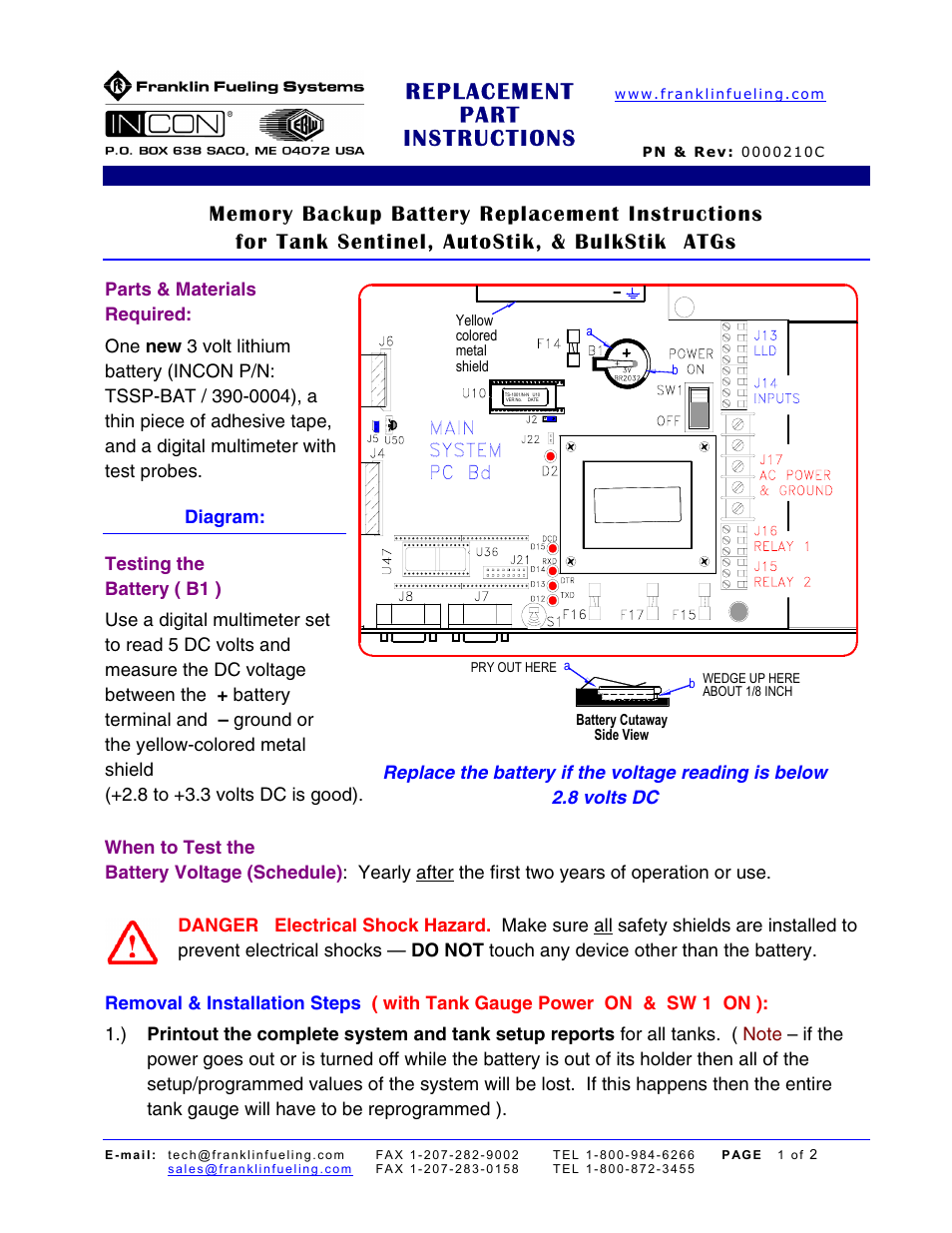 Franklin Fueling Systems Memory Backup Battery for Tank Sentinel, AutoStik, & BulkStik ATGs User Manual | 2 pages