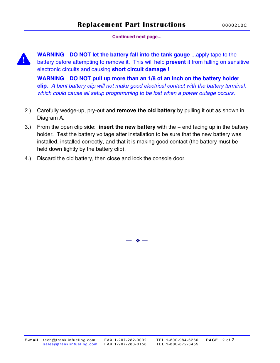 Replacement part instructions | Franklin Fueling Systems Memory Backup Battery for Tank Sentinel, AutoStik, & BulkStik ATGs User Manual | Page 2 / 2
