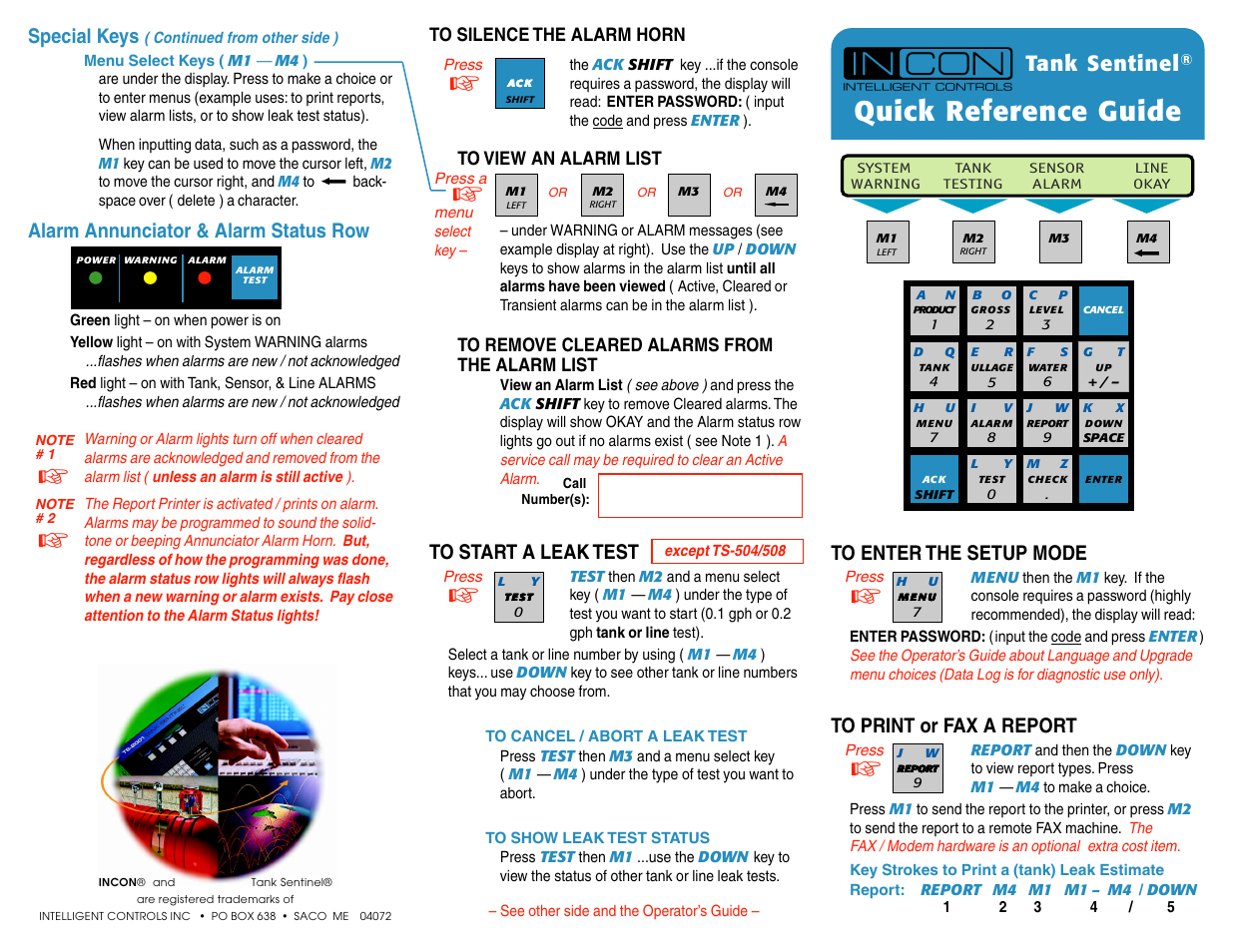 Quick reference guide, Tank sentinel, Special keys | Alarm annunciator & alarm status row | Franklin Fueling Systems Tank Sentinel Quick Reference Guide User Manual | Page 2 / 2