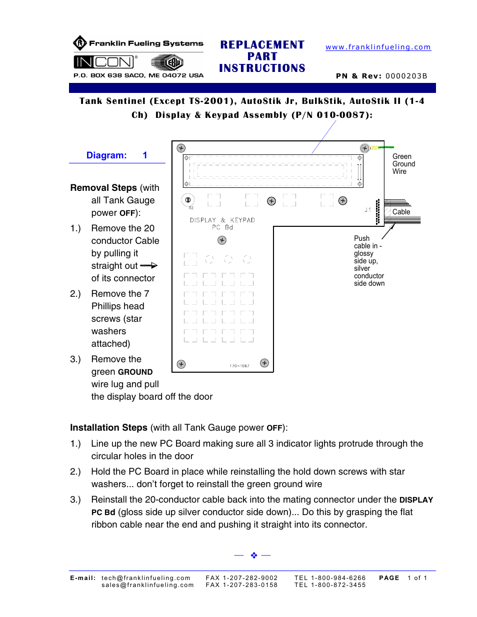 Franklin Fueling Systems Tank Sentinel (Except TS-2001), AutoStik Jr, BulkStik, AutoStik II (1-4 Ch) Display & Keypad Assembly (P/N 010-0087) User Manual | 1 page