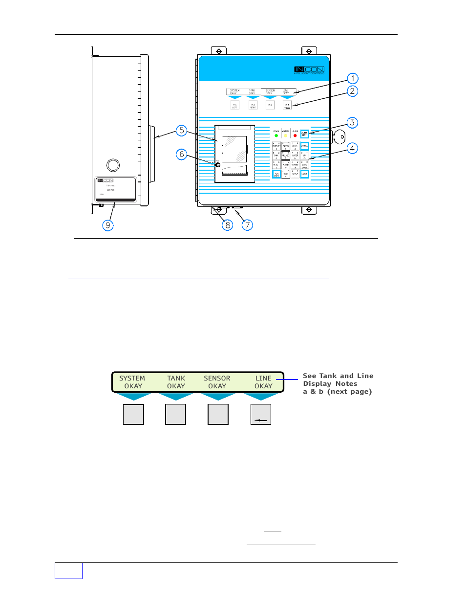 Figure 1 - 1. console component identification 1, Console component location 1, Display 1 | Run mode display 1, Display, Run mode display, Tank, High limit, Console component location – see figure 1-1 above, Alarm is shown under a | Franklin Fueling Systems Tank Sentinel (TS-1001, 2001, 504, 508 & 750) Operators Guide Rev. D User Manual | Page 12 / 100