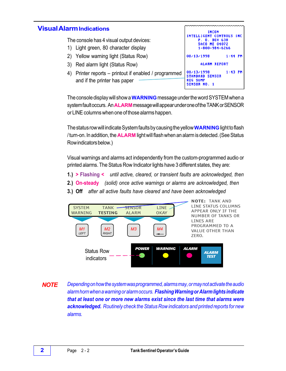Visual alarm | Franklin Fueling Systems Tank Sentinel (TS-1001, 2001, 504, 508 & 750) Operators Guide Rev. D User Manual | Page 28 / 100