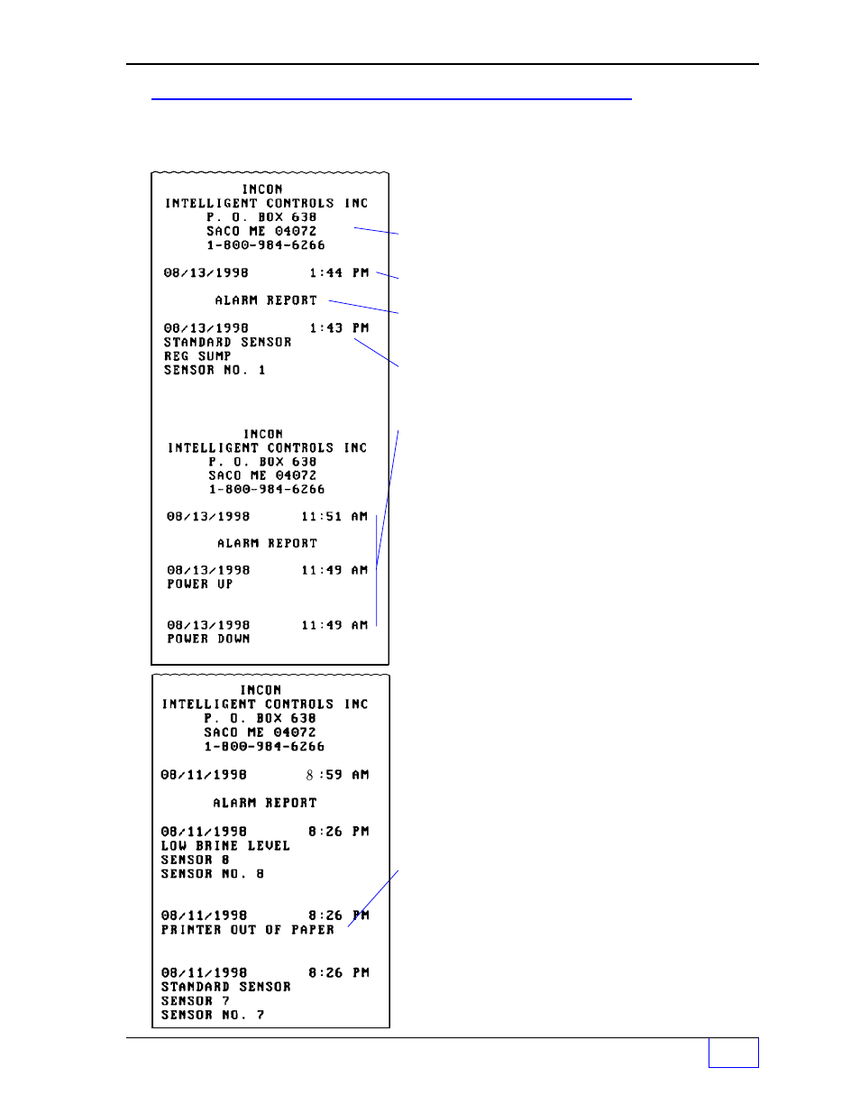 Example - automatic alarm reports 3, Typical information shown on reports 3 | Franklin Fueling Systems Tank Sentinel (TS-1001, 2001, 504, 508 & 750) Operators Guide Rev. D User Manual | Page 38 / 100