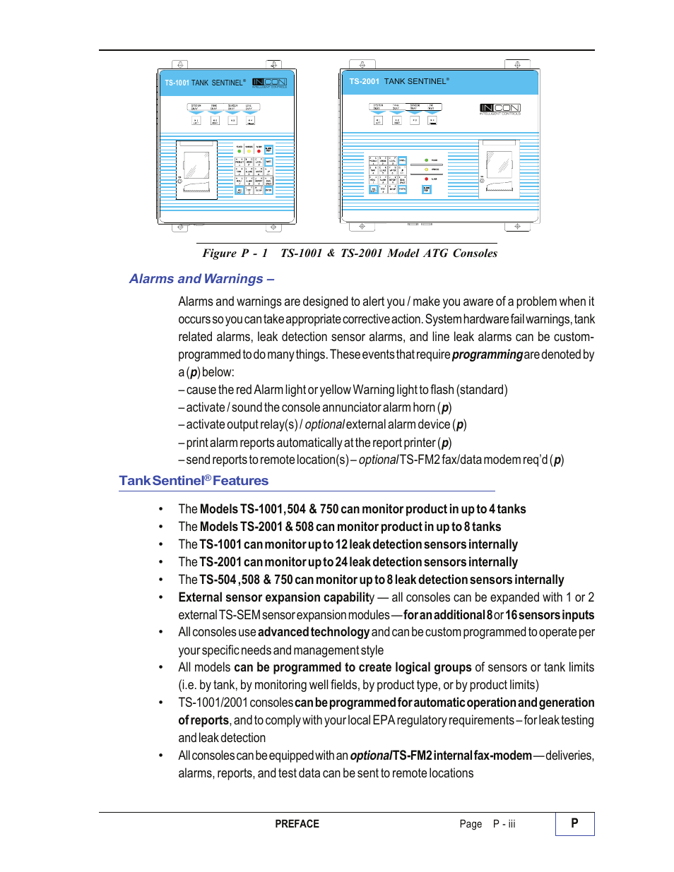 Alarms and warnings - p, Tank sentinel® features p | Franklin Fueling Systems Tank Sentinel (TS-1001, 2001, 504, 508 & 750) Operators Guide Rev. D User Manual | Page 9 / 100