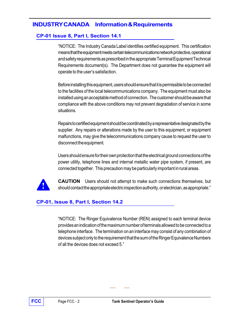 Industry canada information & requirements fcc, Cp-01 issue 8, part i, section 14.1 fcc, Cp-01, issue 8, part i, section 14.2 fcc | Franklin Fueling Systems Tank Sentinel (TS-1001, 2001, 504, 508 & 750) Operators Guide Rev. D User Manual | Page 92 / 100
