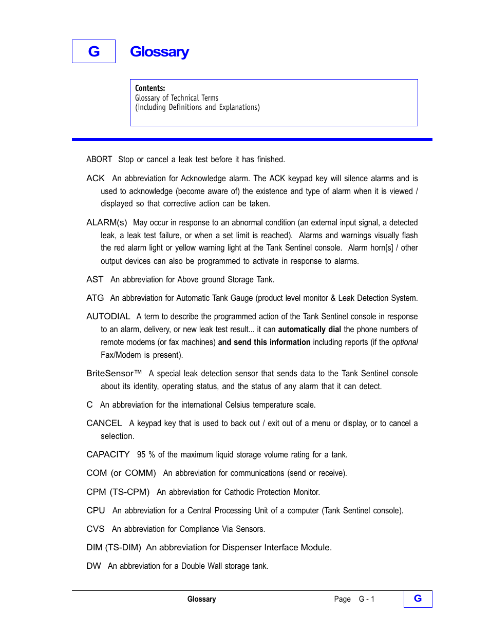 Gglossary | Franklin Fueling Systems Tank Sentinel (TS-1001, 2001, 504, 508 & 750) Operators Guide Rev. D User Manual | Page 93 / 100
