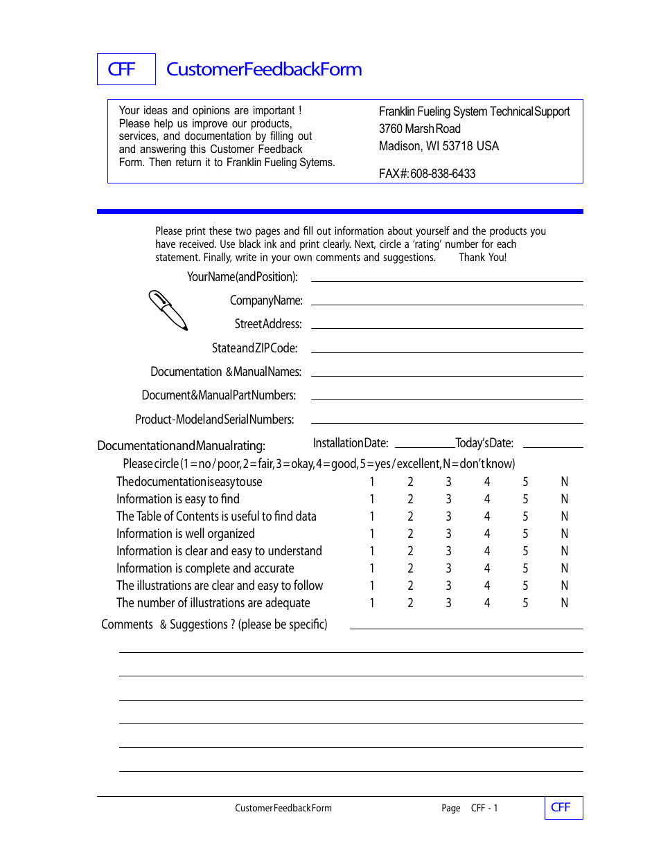 Cff customer feedback form | Franklin Fueling Systems Tank Sentinel (TS-1001, 2001, 504, 508 & 750) Operators Guide Rev. D User Manual | Page 97 / 100
