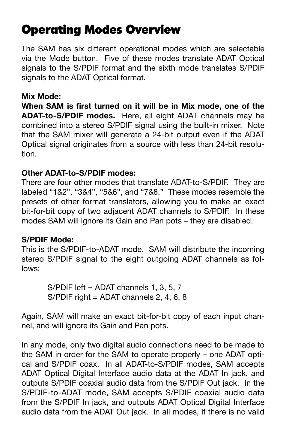 Operating modes overview | M-AUDIO SAM User Manual | Page 11 / 17