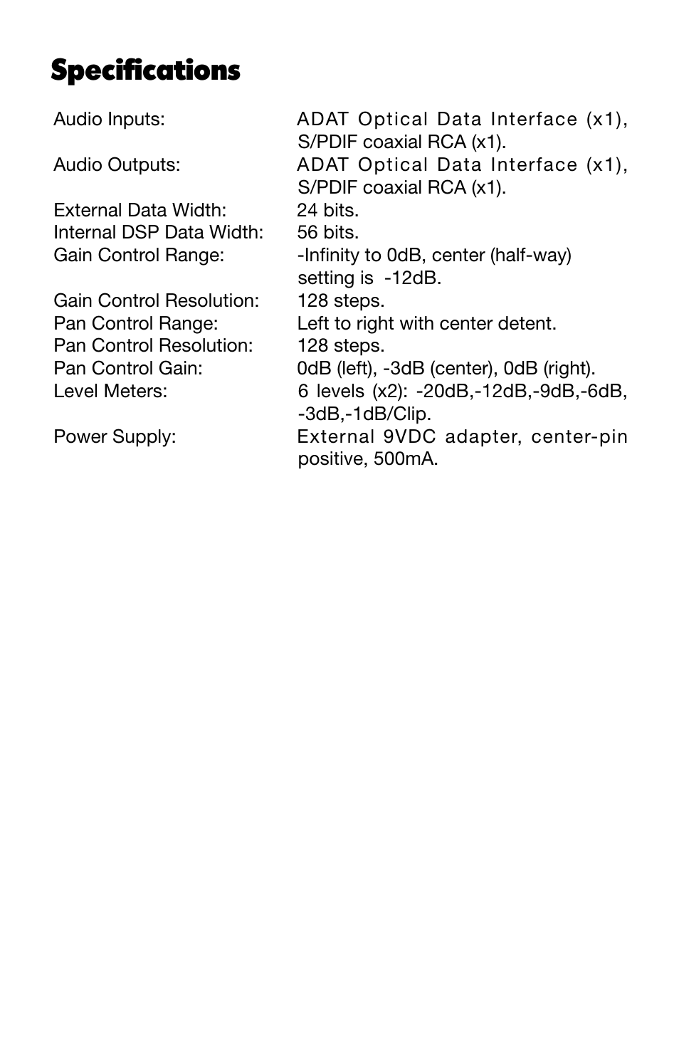 Specifications | M-AUDIO SAM User Manual | Page 14 / 17