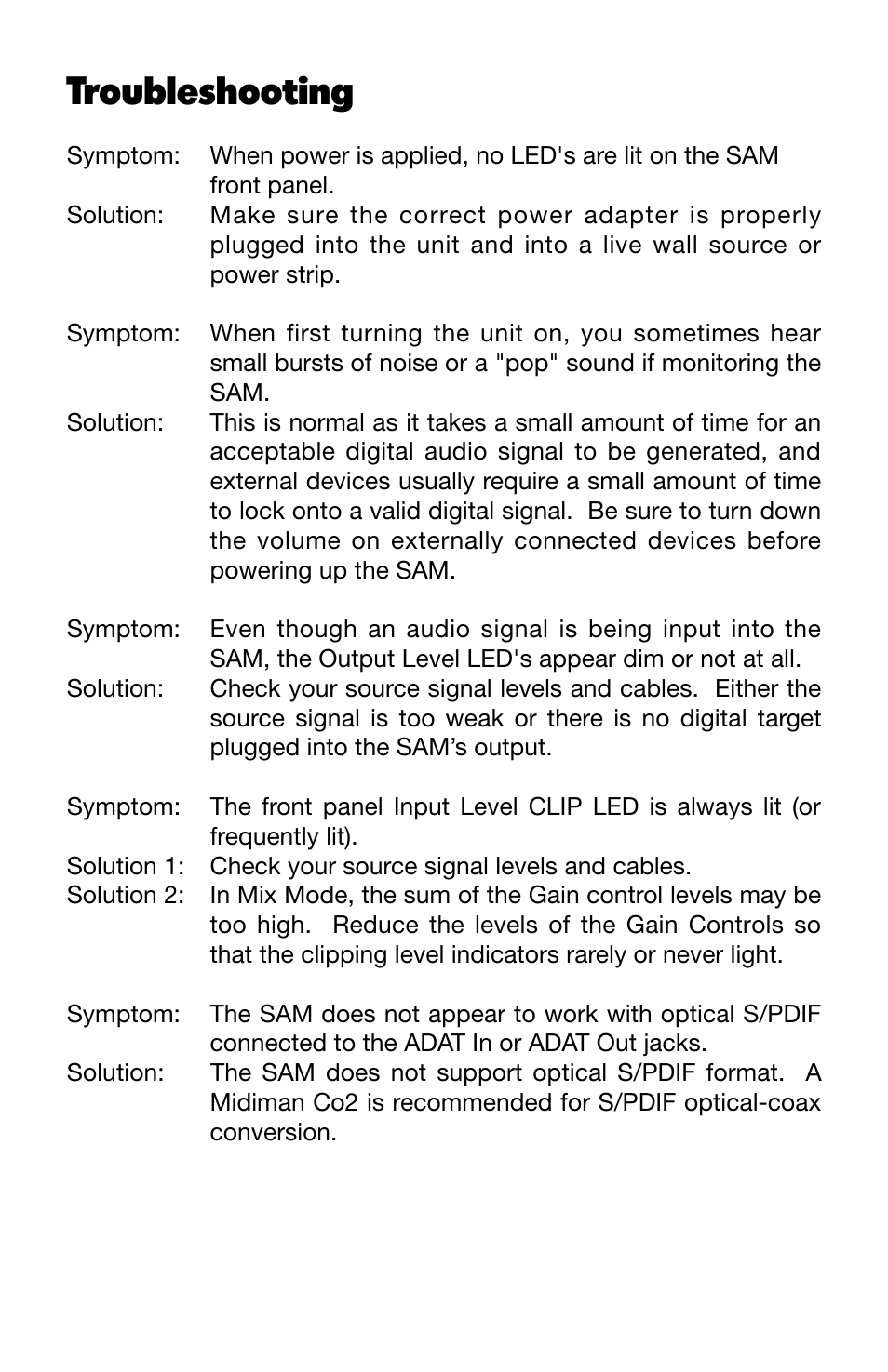 Troubleshooting | M-AUDIO SAM User Manual | Page 15 / 17