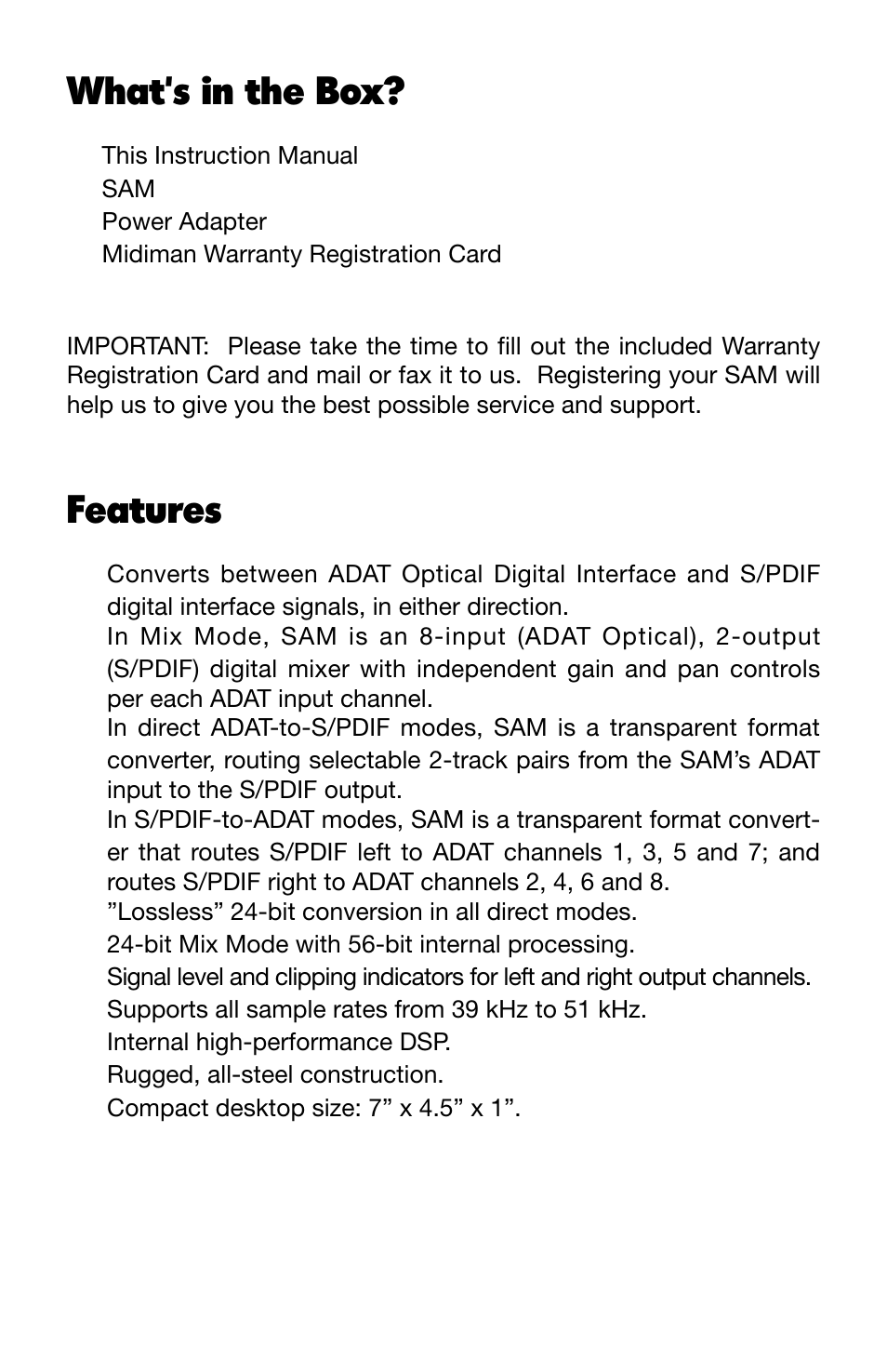 What's in the box, Features | M-AUDIO SAM User Manual | Page 5 / 17