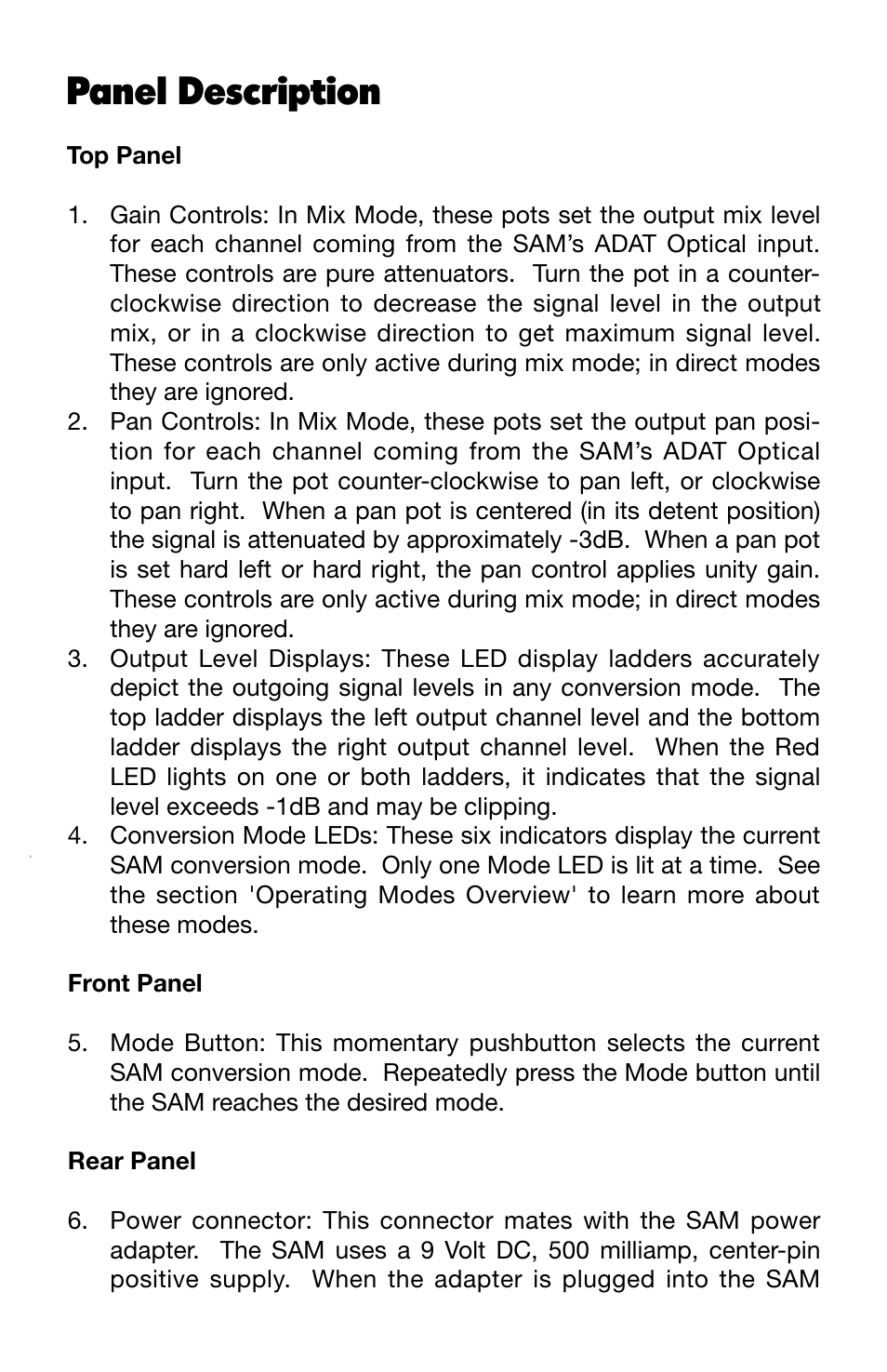Panel description | M-AUDIO SAM User Manual | Page 7 / 17
