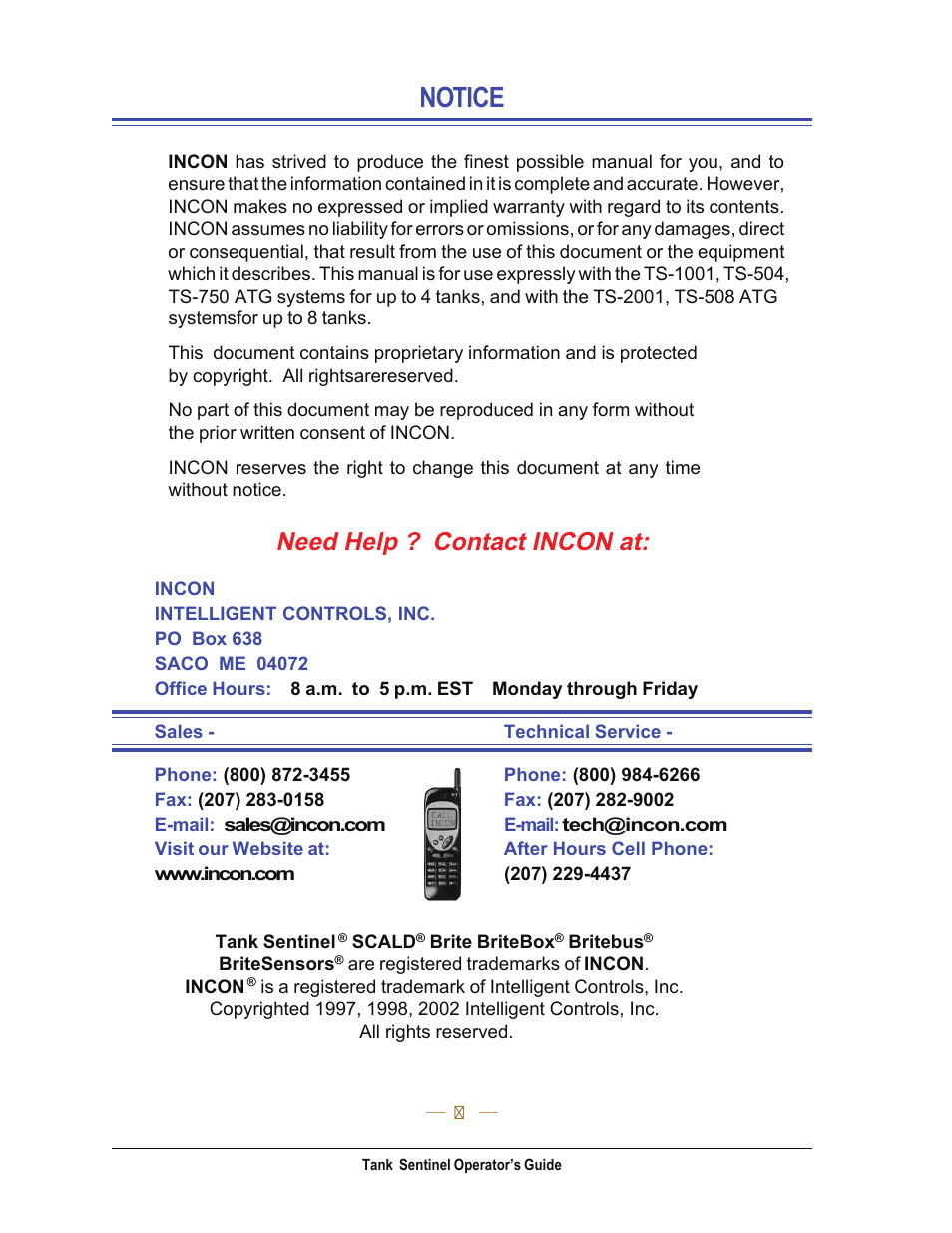 Notice, Need help ? contact incon at | Franklin Fueling Systems Tank Sentinel (TS-1001, 2001, 504, 508 & 750) Operators Guide Rev. C User Manual | Page 2 / 100