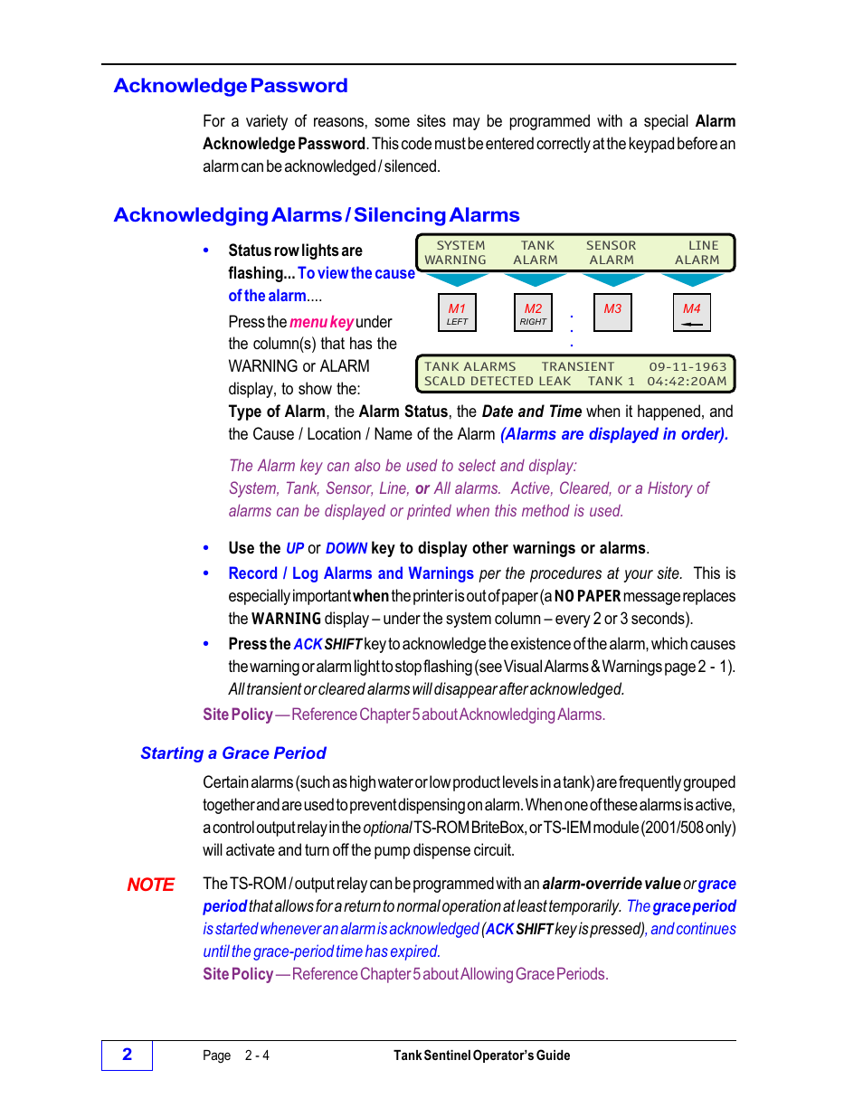 Acknowledge password, Acknowledging alarms / silencing alarms | Franklin Fueling Systems Tank Sentinel (TS-1001, 2001, 504, 508 & 750) Operators Guide Rev. C User Manual | Page 30 / 100