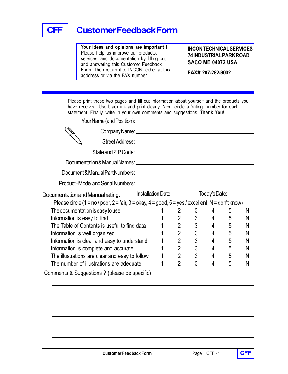 Cff customer feedback form | Franklin Fueling Systems Tank Sentinel (TS-1001, 2001, 504, 508 & 750) Operators Guide Rev. C User Manual | Page 97 / 100