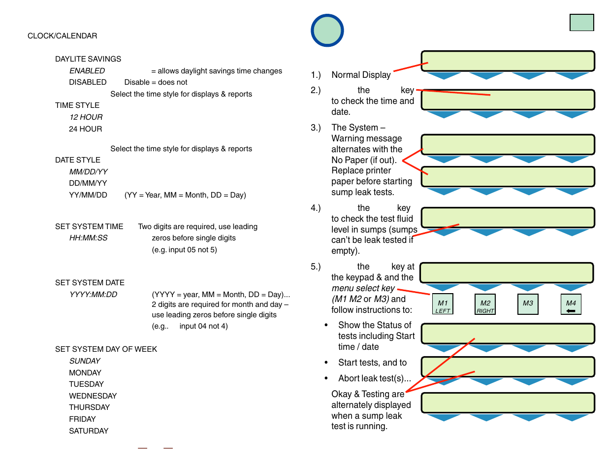 Leak testing / console operation, Setup>clk/cal menu, Displays | Franklin Fueling Systems TS-STS Sump Test System Kit User Manual | Page 6 / 8