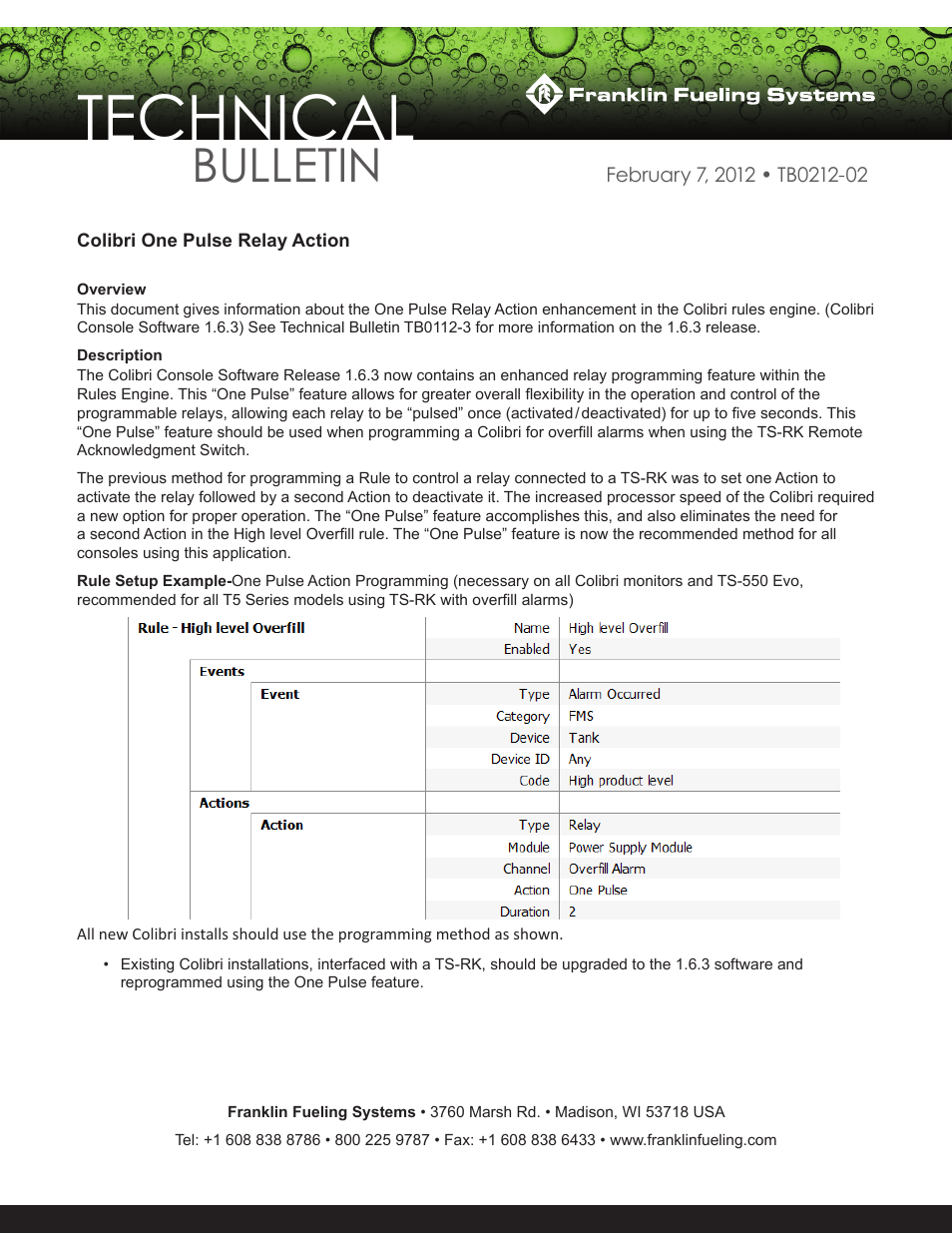 Franklin Fueling Systems Colibri One Pulse Relay Rule Setup User Manual | 1 page