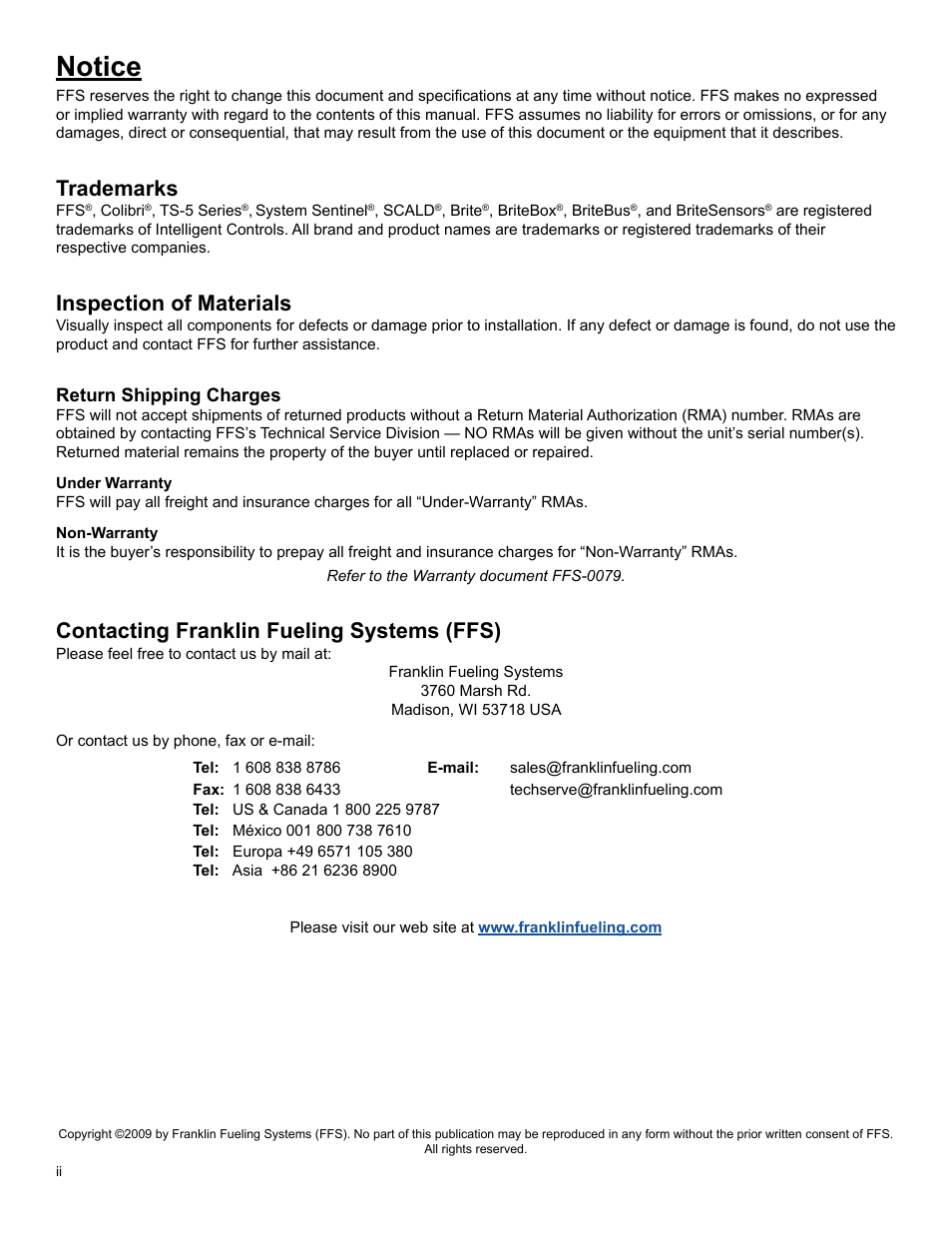 Notice, Trademarks, Inspection of materials | Contacting franklin fueling systems (ffs), Return shipping charges | Franklin Fueling Systems Colibri CL6 Installation Guide User Manual | Page 2 / 12