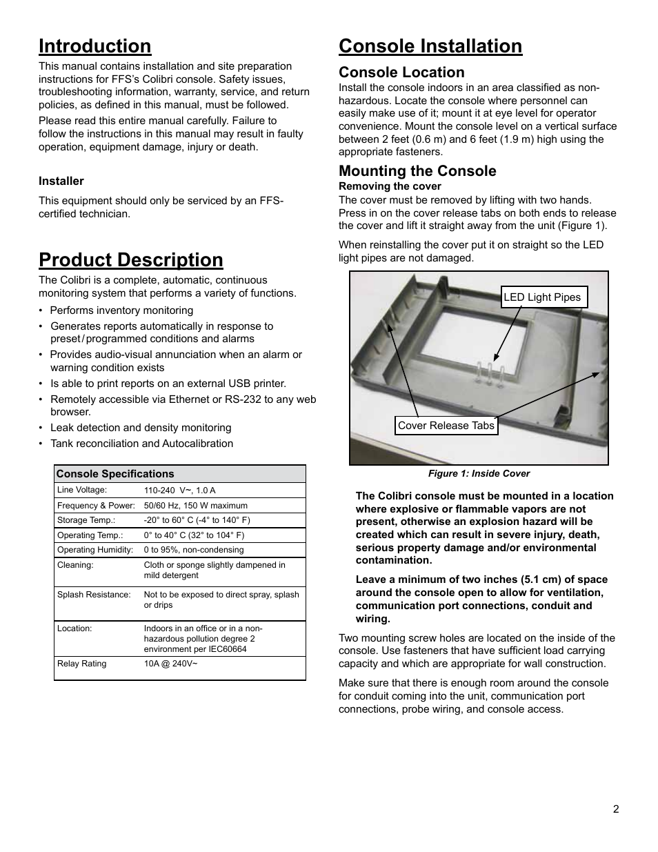 Introduction, Product description, Console installation | Console location, Mounting the console | Franklin Fueling Systems Colibri CL6 Installation Guide User Manual | Page 5 / 12
