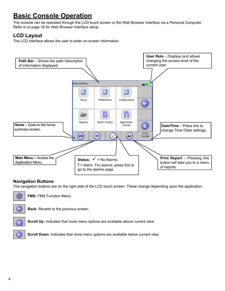 Basic console operation, Lcd layout | Franklin Fueling Systems Colibri CL6 Setup and Operators Guide User Manual | Page 4 / 32