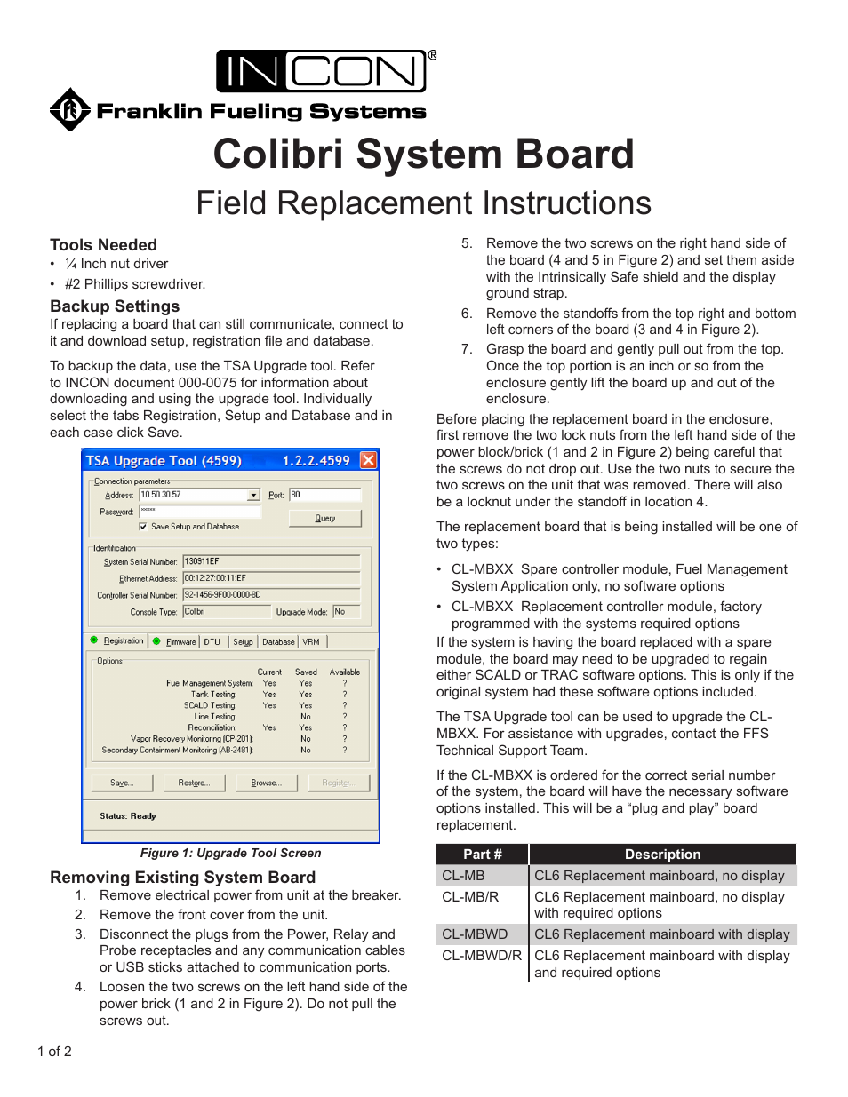 Franklin Fueling Systems Colibri System Board Replacement User Manual | 2 pages