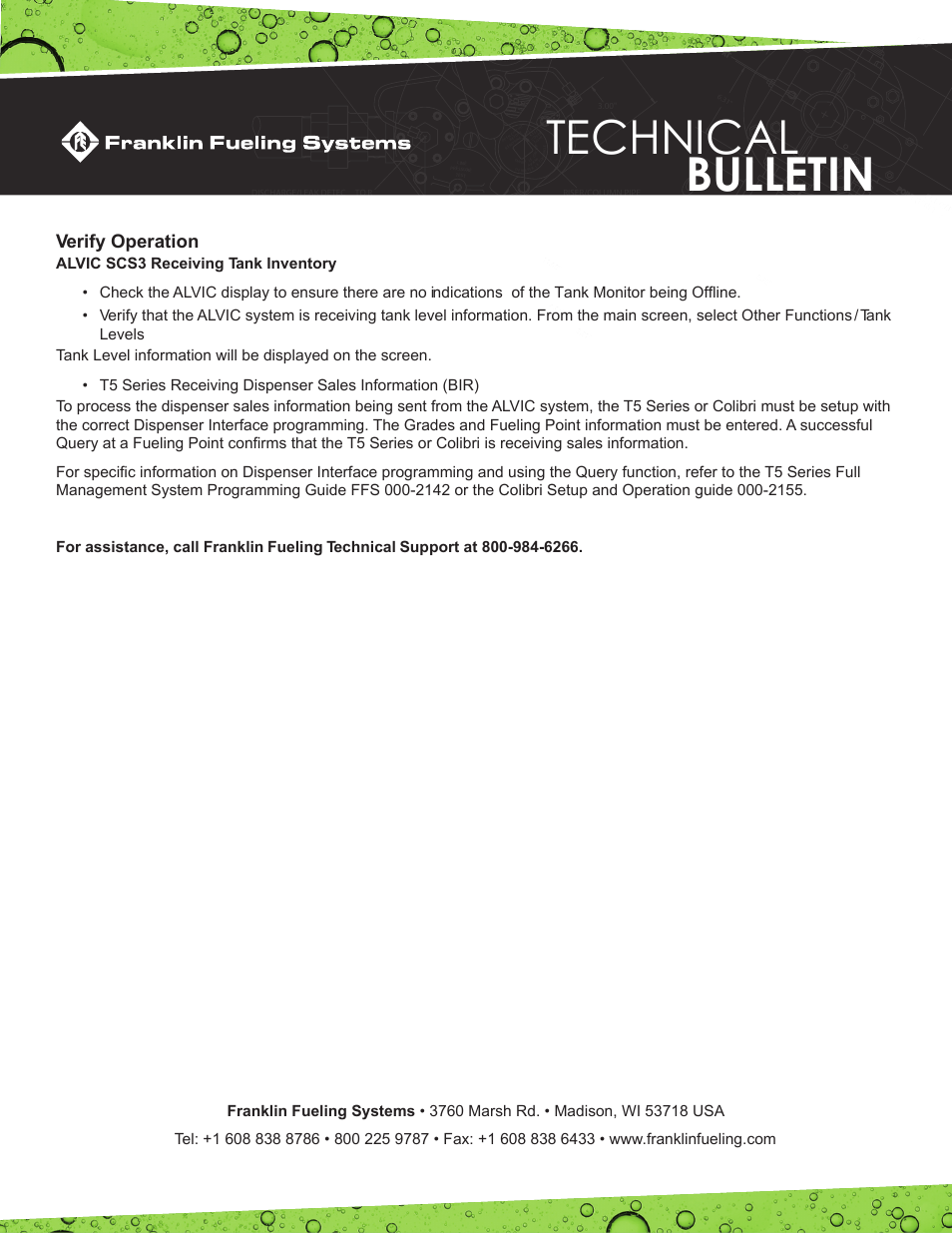 Technical bulletin, Verify operation | Franklin Fueling Systems Colibri: Connecting a T5 Series Fuel Management System or Colibri Tank Monitor to an ALVIC SCS3 Point of Sale System User Manual | Page 3 / 3