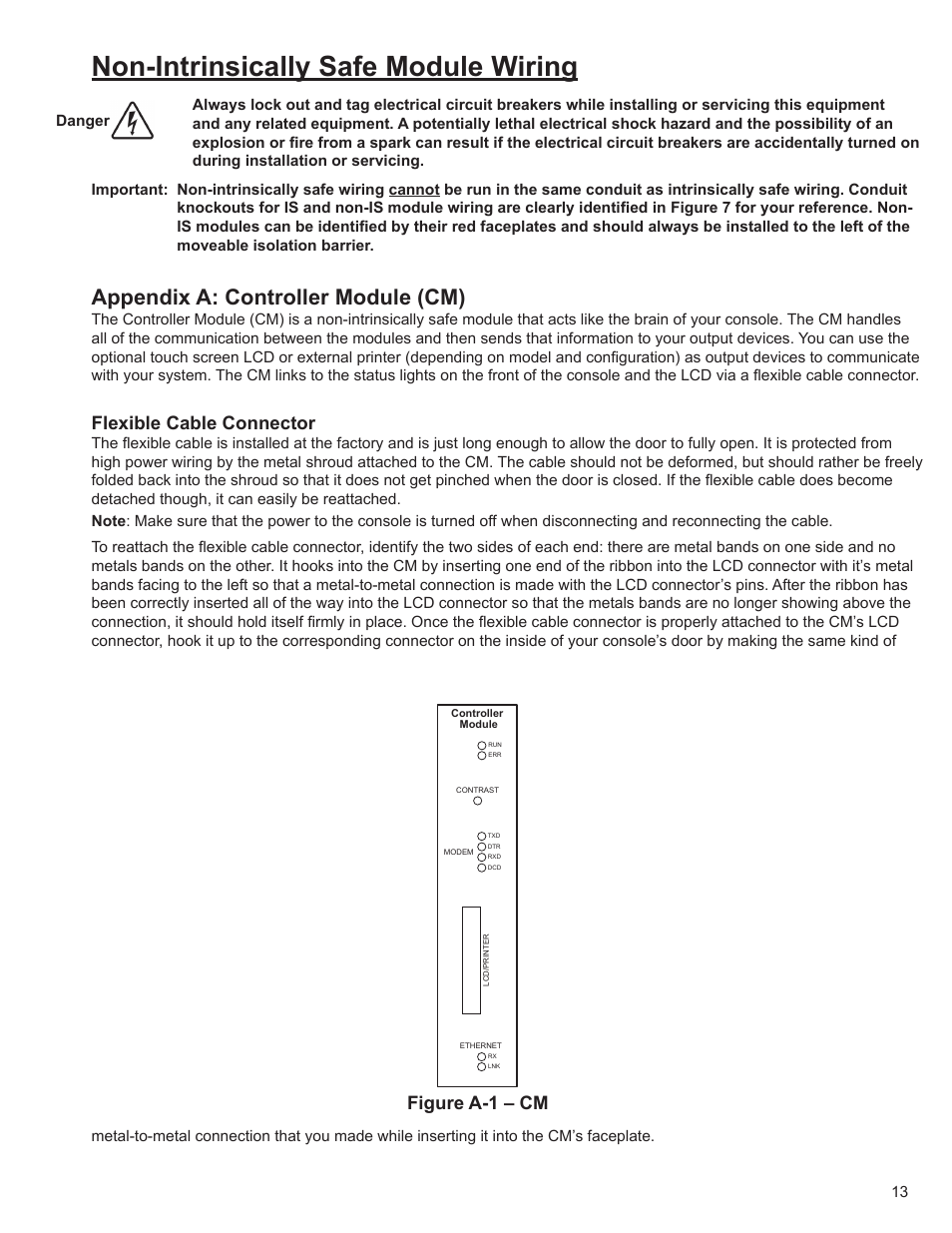 Non-intrinsically safe module wiring, Appendix a: controller module (cm), Flexible cable connector | Figure a-1 – cm | Franklin Fueling Systems T5 Series Fuel Management System Installation Guide User Manual | Page 13 / 30