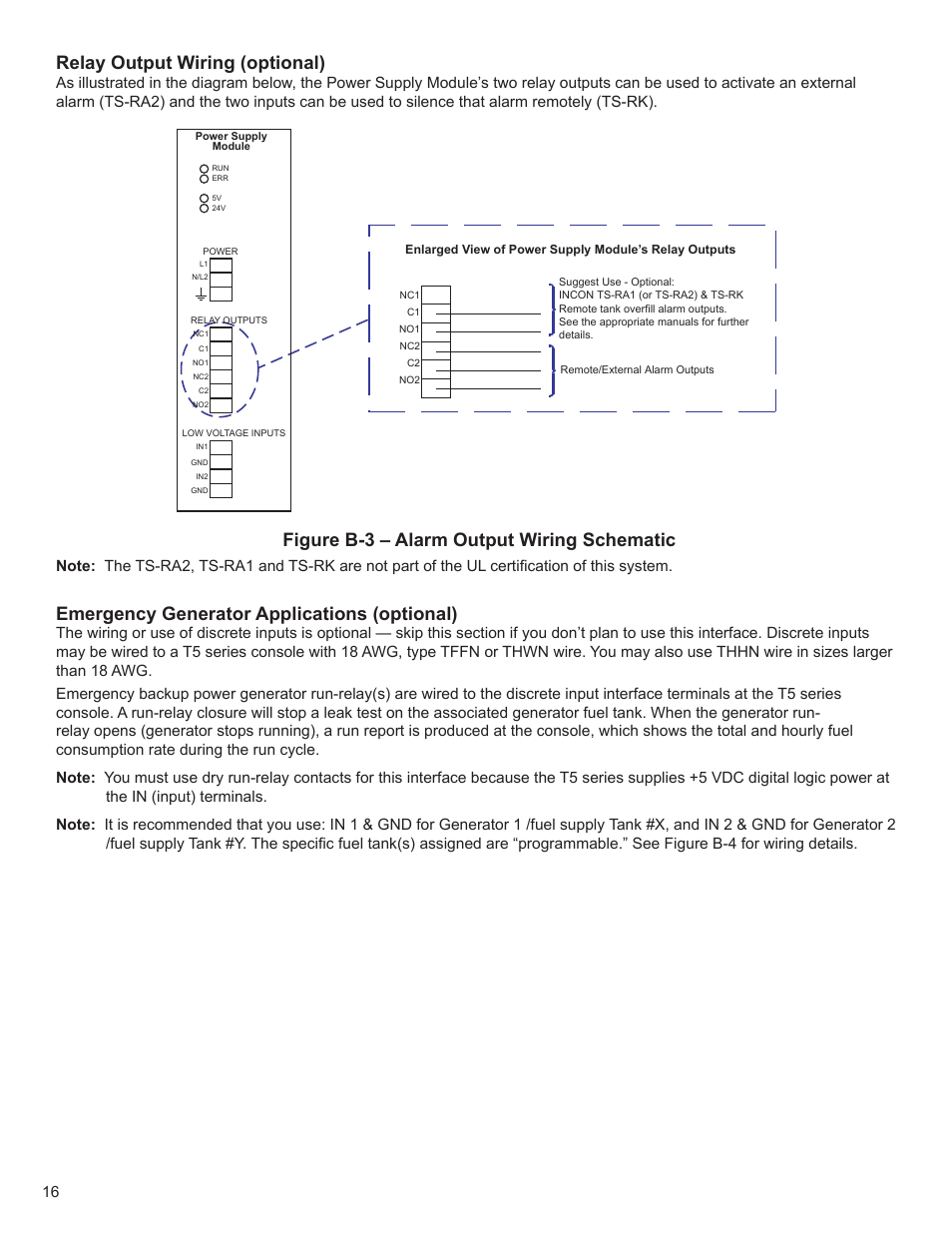 Relay output wiring (optional), Emergency generator applications (optional), Figure b-3 – alarm output wiring schematic | Franklin Fueling Systems T5 Series Fuel Management System Installation Guide User Manual | Page 16 / 30