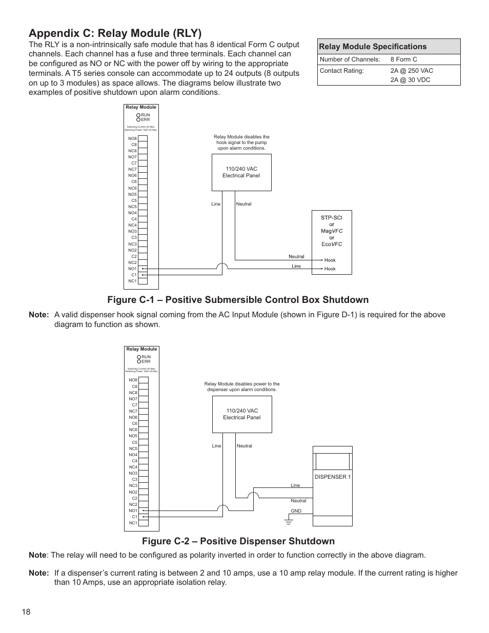 Appendix c: relay module (rly), Figure c-2 – positive dispenser shutdown, Relay module specifications | Franklin Fueling Systems T5 Series Fuel Management System Installation Guide User Manual | Page 18 / 30