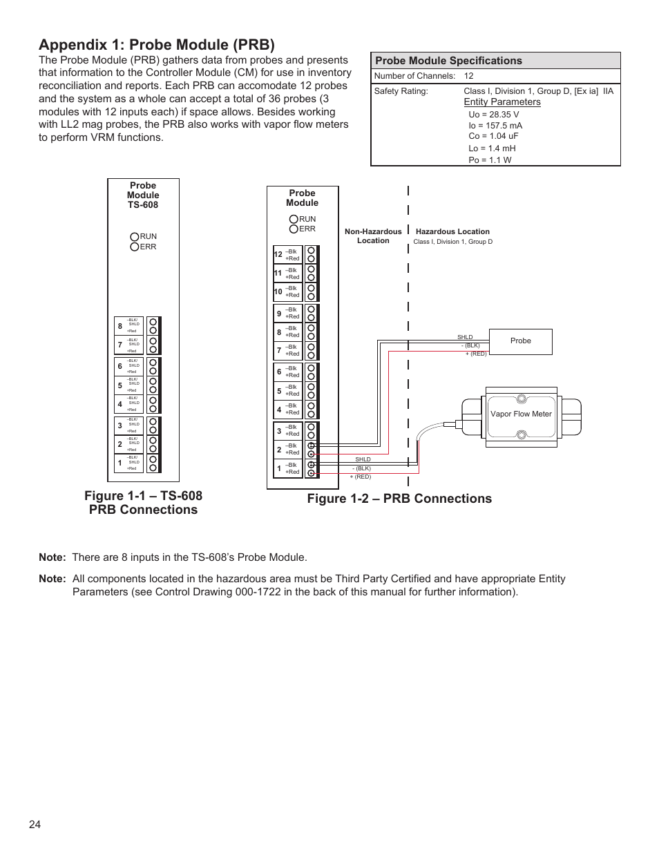 Appendix 1: probe module (prb), Figure 1-2 – prb connections, Entity parameters | Franklin Fueling Systems T5 Series Fuel Management System Installation Guide User Manual | Page 24 / 30