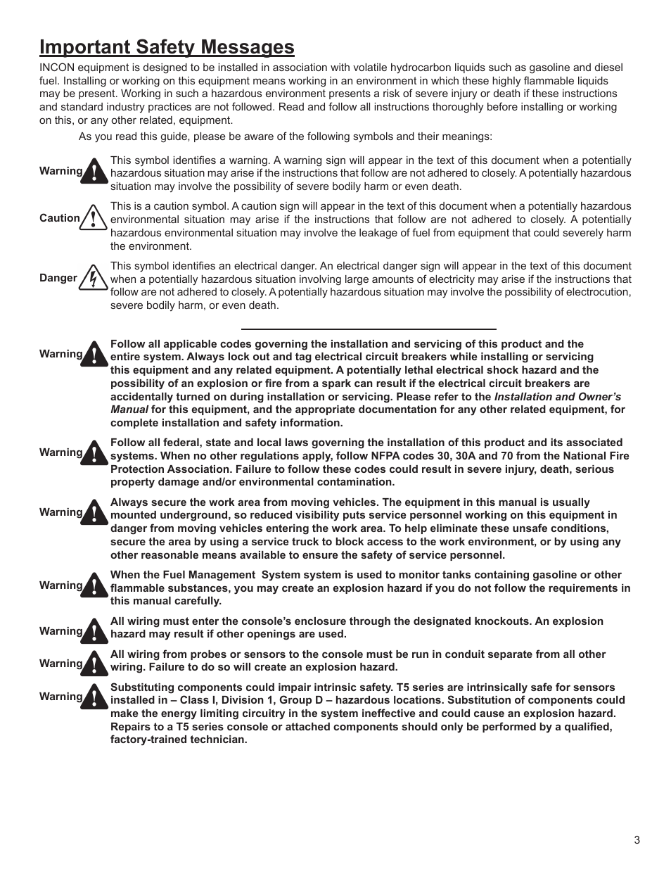 Important safety messages | Franklin Fueling Systems T5 Series Fuel Management System Installation Guide User Manual | Page 3 / 30