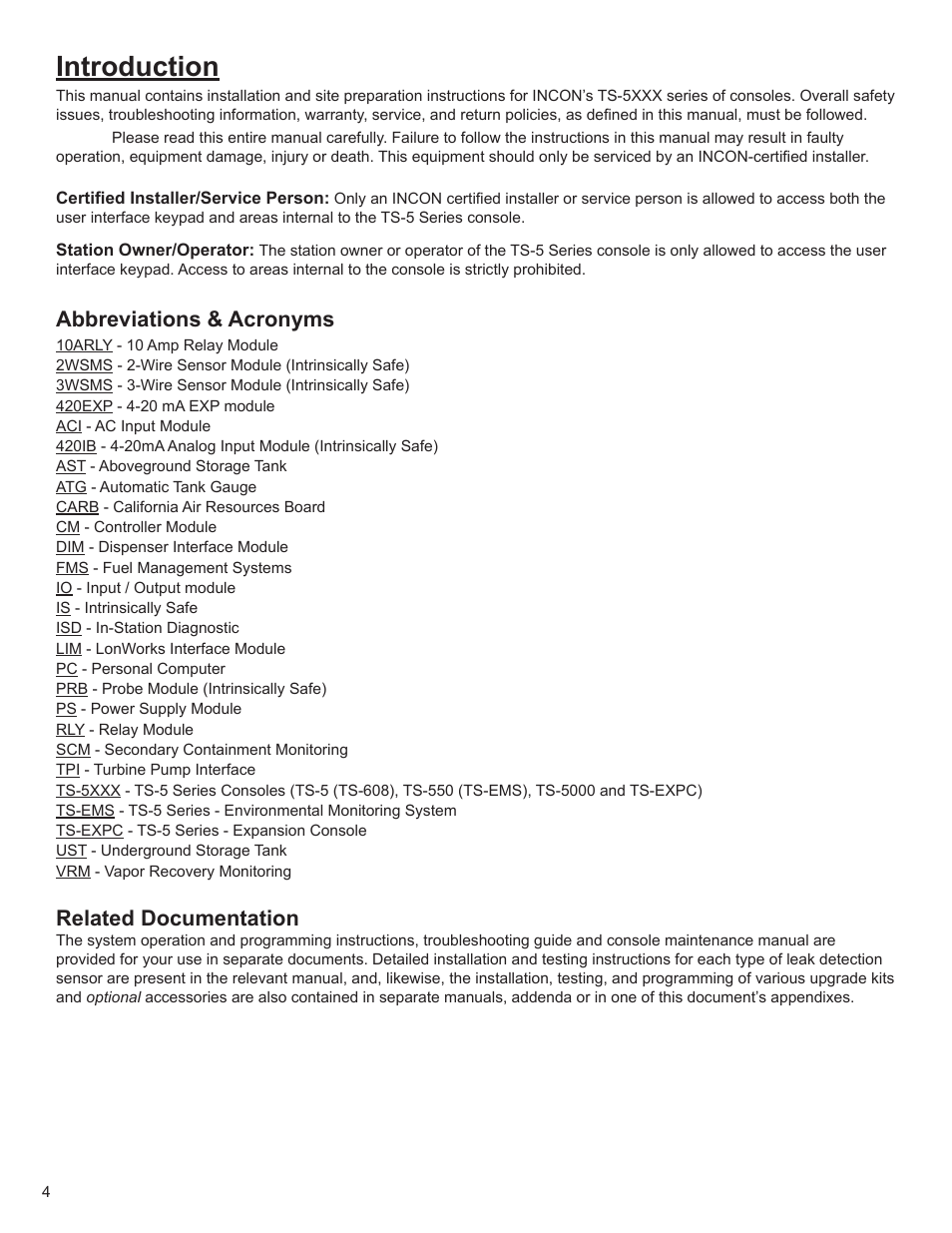 Introduction, Abbreviations & acronyms, Related documentation | Franklin Fueling Systems T5 Series Fuel Management System Installation Guide User Manual | Page 4 / 30
