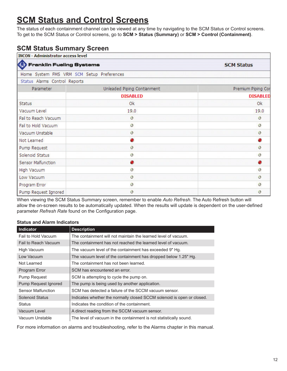 Scm status and control screens, Scm status summary screen | Franklin Fueling Systems TS-550/TS-5000 consoles Secondary Containment Monitoring User Manual | Page 15 / 28