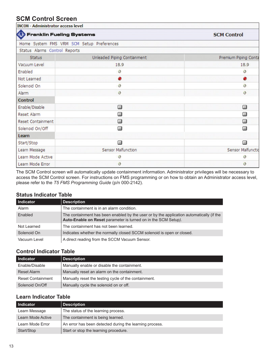 Scm control screen, Status indicator table, Control indicator table | Learn indicator table | Franklin Fueling Systems TS-550/TS-5000 consoles Secondary Containment Monitoring User Manual | Page 16 / 28