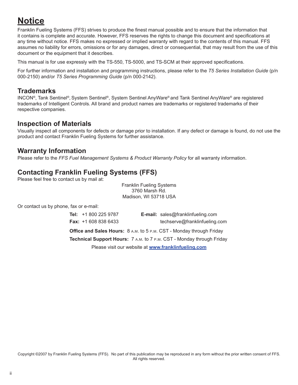 Notice, Trademarks, Inspection of materials | Warranty information, Contacting franklin fueling systems (ffs) | Franklin Fueling Systems TS-550/TS-5000 consoles Secondary Containment Monitoring User Manual | Page 2 / 28