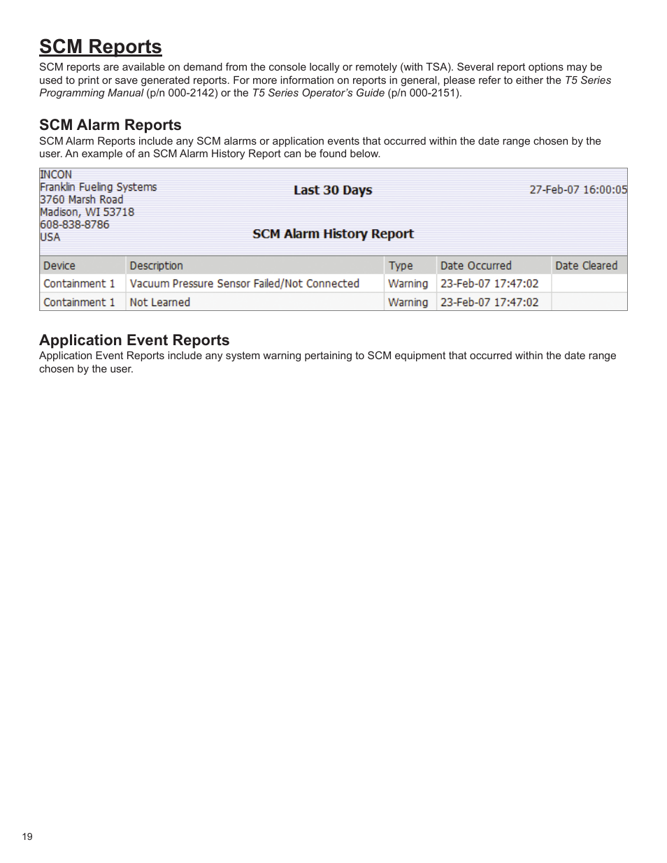 Scm reports, Scm alarm reports, Application event reports | Franklin Fueling Systems TS-550/TS-5000 consoles Secondary Containment Monitoring User Manual | Page 22 / 28