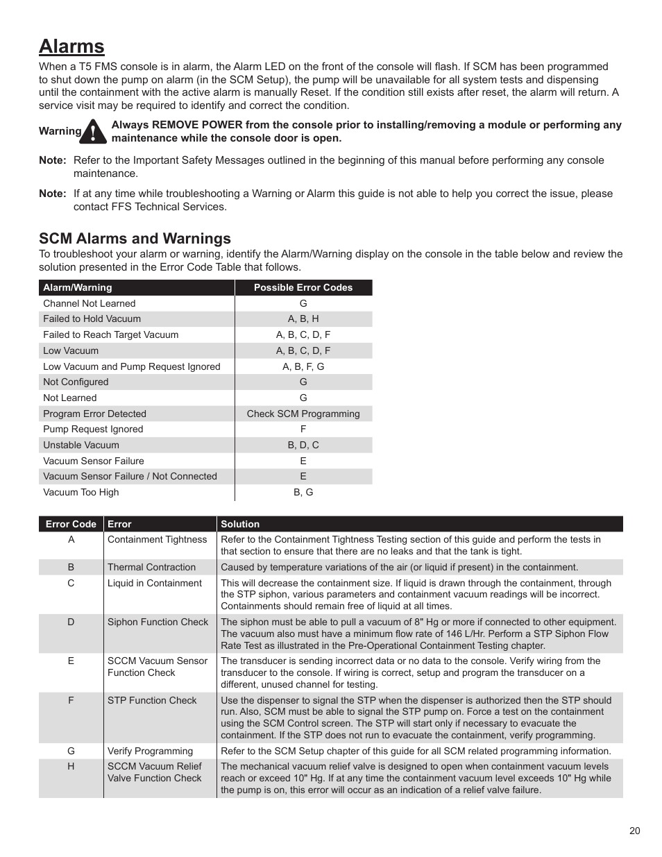 Alarms, Scm alarms and warnings | Franklin Fueling Systems TS-550/TS-5000 consoles Secondary Containment Monitoring User Manual | Page 23 / 28