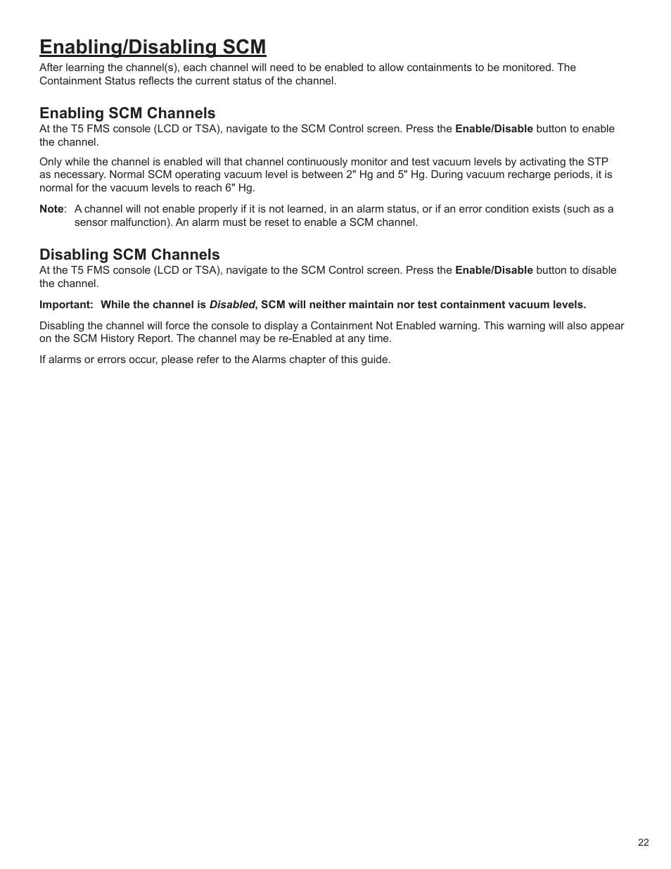 Enabling/disabling scm, Enabling scm channels, Disabling scm channels | Franklin Fueling Systems TS-550/TS-5000 consoles Secondary Containment Monitoring User Manual | Page 25 / 28