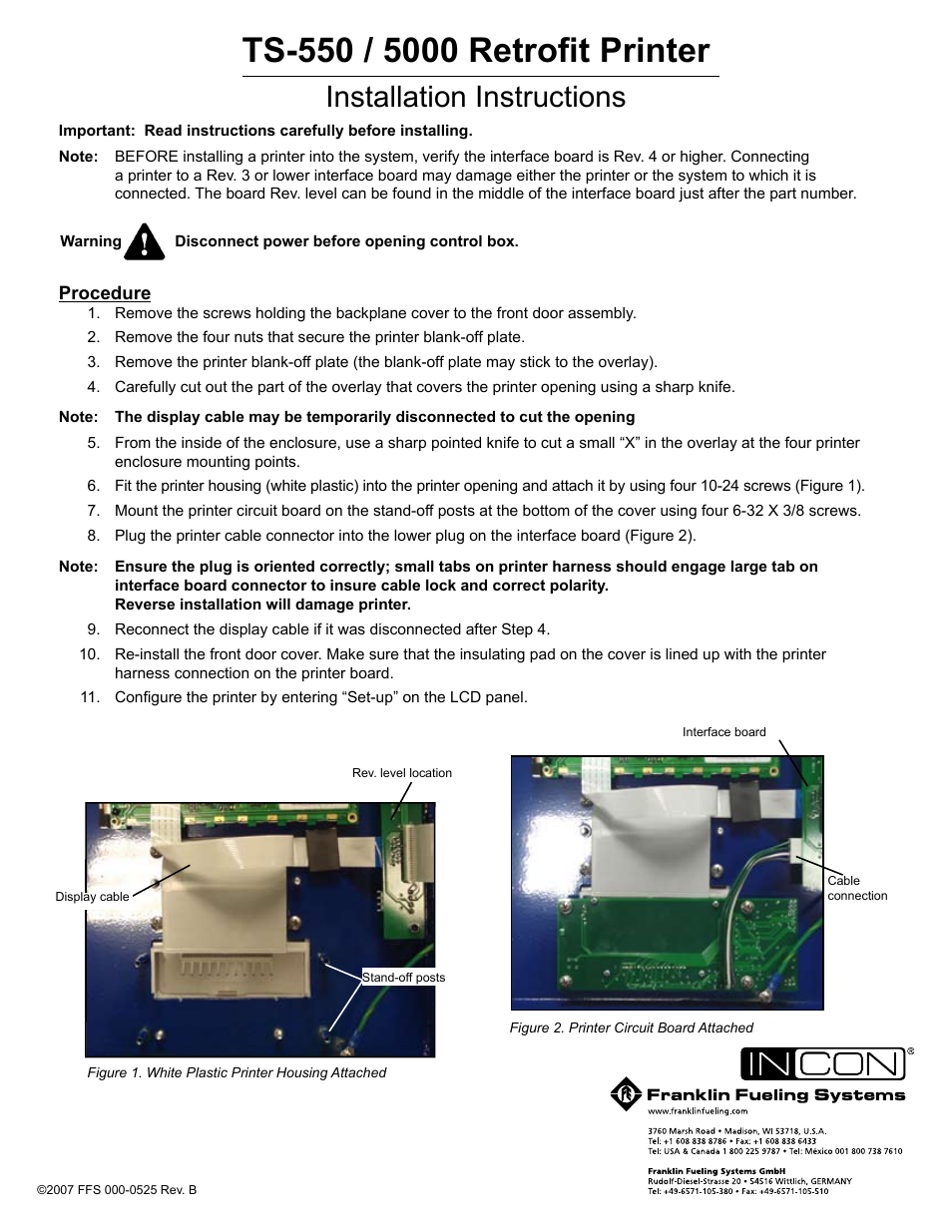Franklin Fueling Systems TS-550/TS-5000 Retrofit Printer Installation User Manual | 1 page