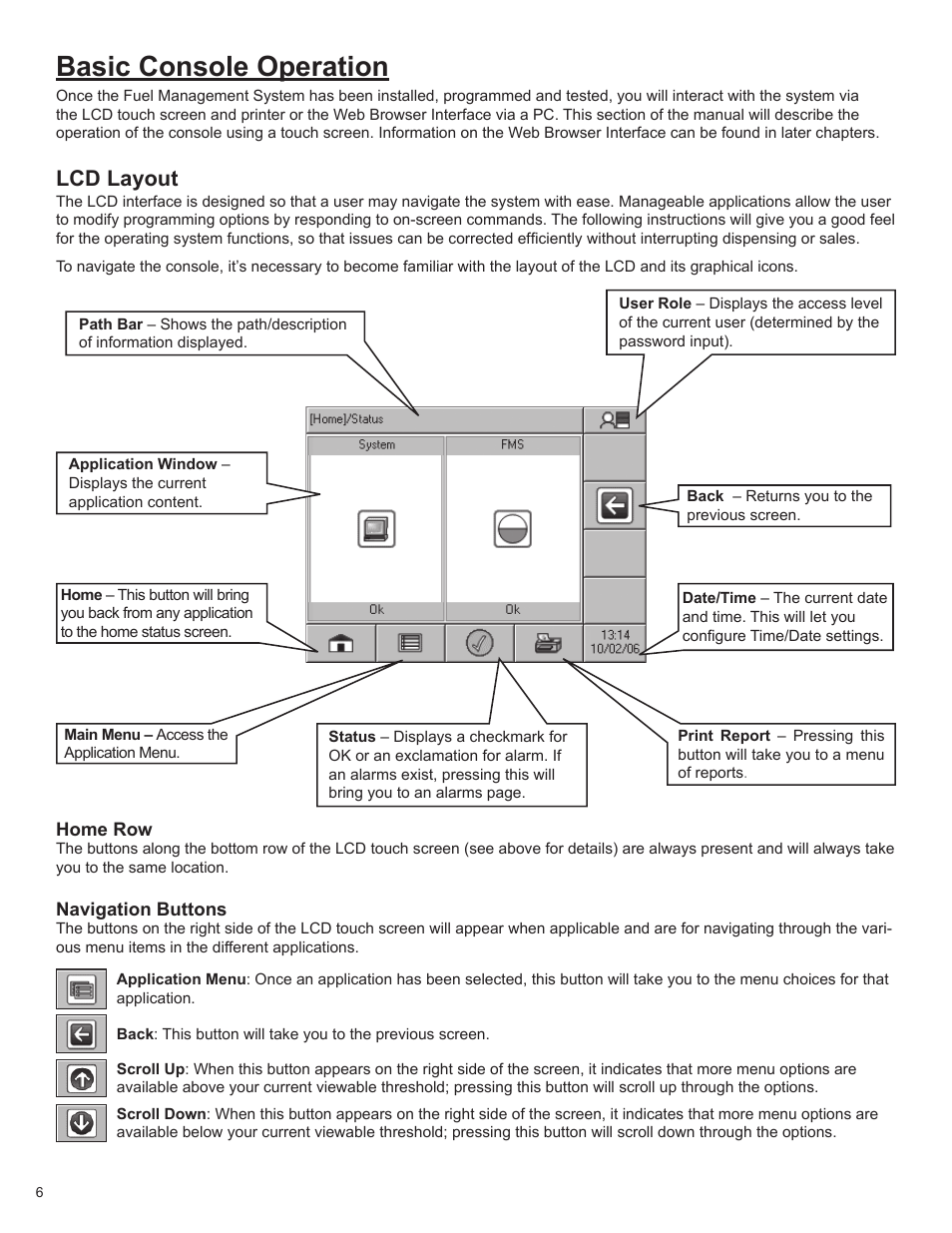 Basic console operation, Lcd layout | Franklin Fueling Systems T5 Series Fuel Management System Operators Guide User Manual | Page 10 / 46