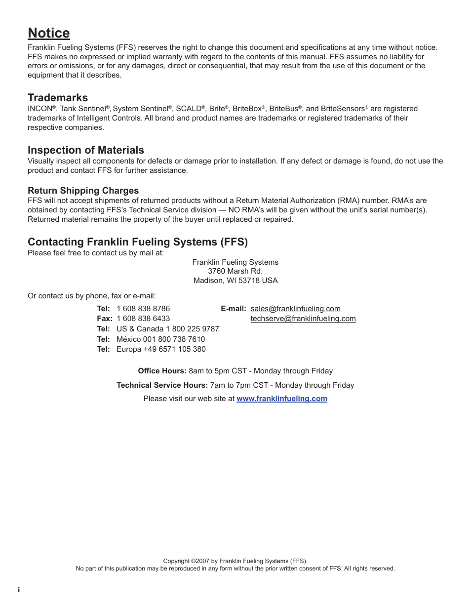 Notice, Trademarks, Inspection of materials | Contacting franklin fueling systems (ffs), Return shipping charges | Franklin Fueling Systems T5 Series Fuel Management System Operators Guide User Manual | Page 2 / 46